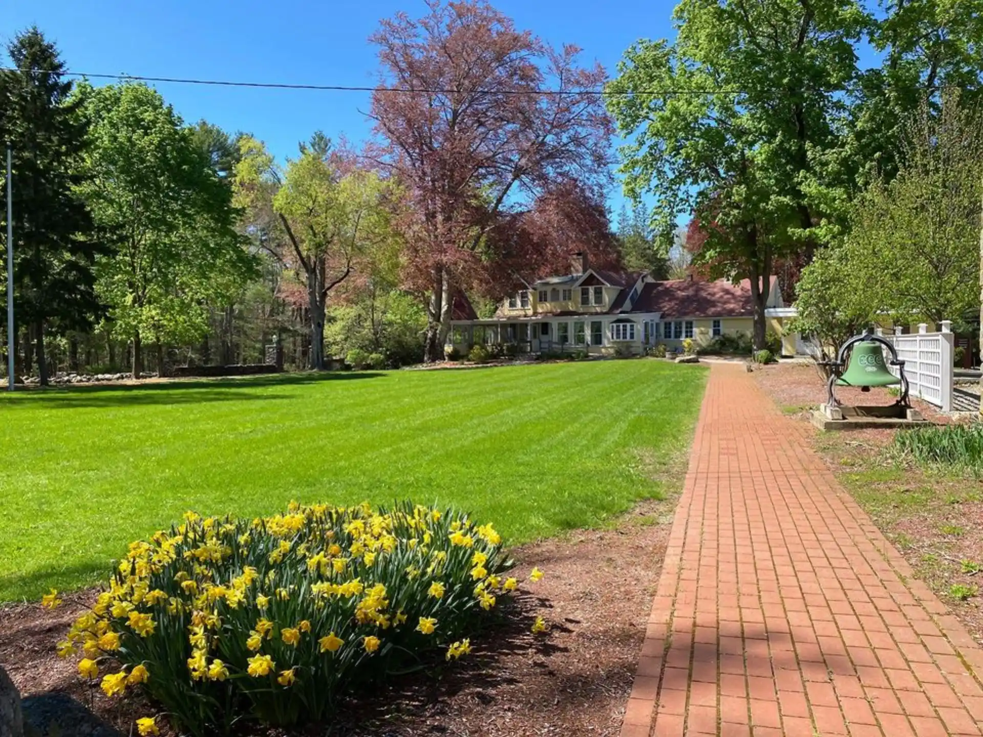 a brick path with a brick path and a brick path with yellow flowers and trees and a house
