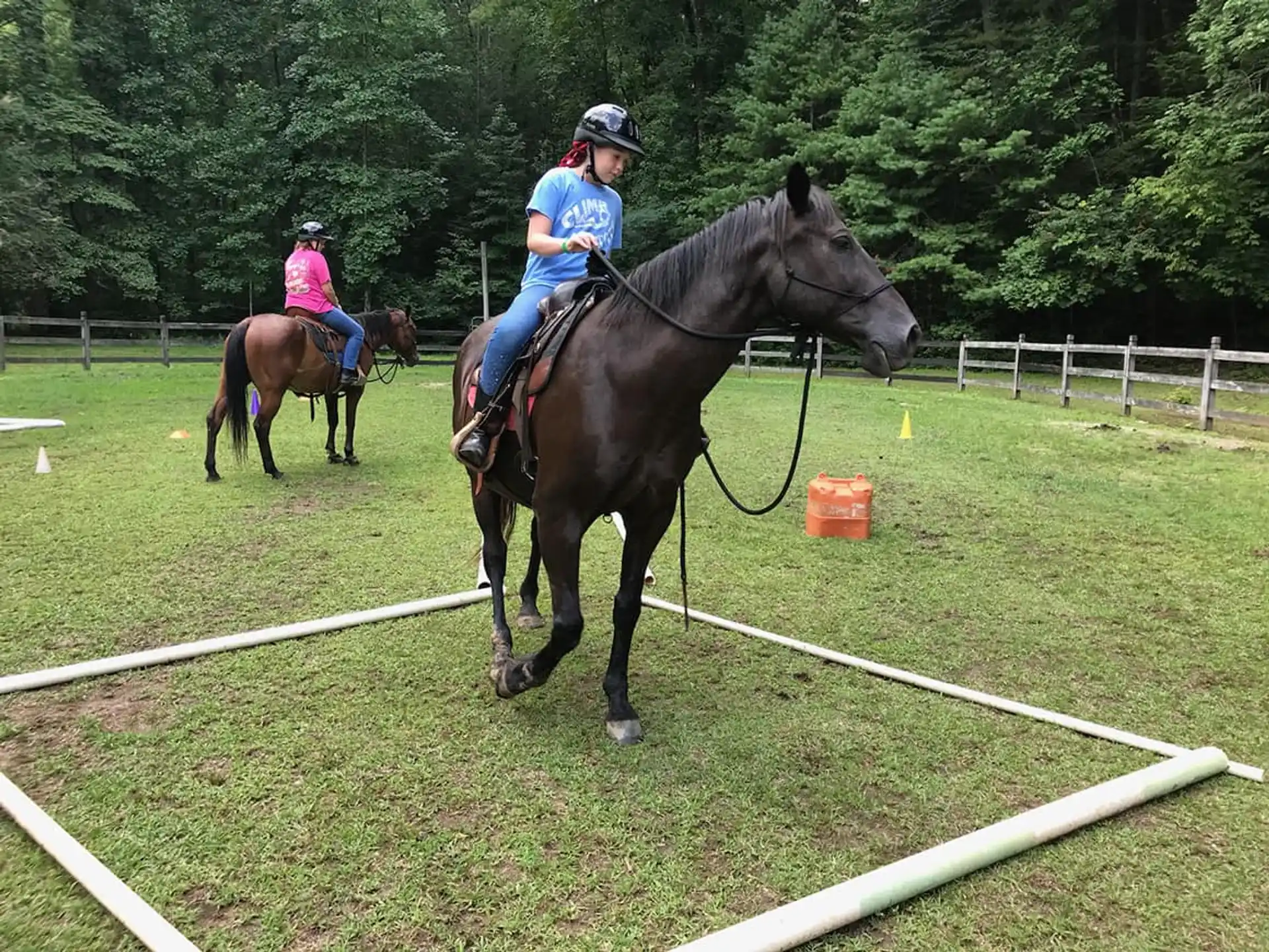 people riding horses in a field