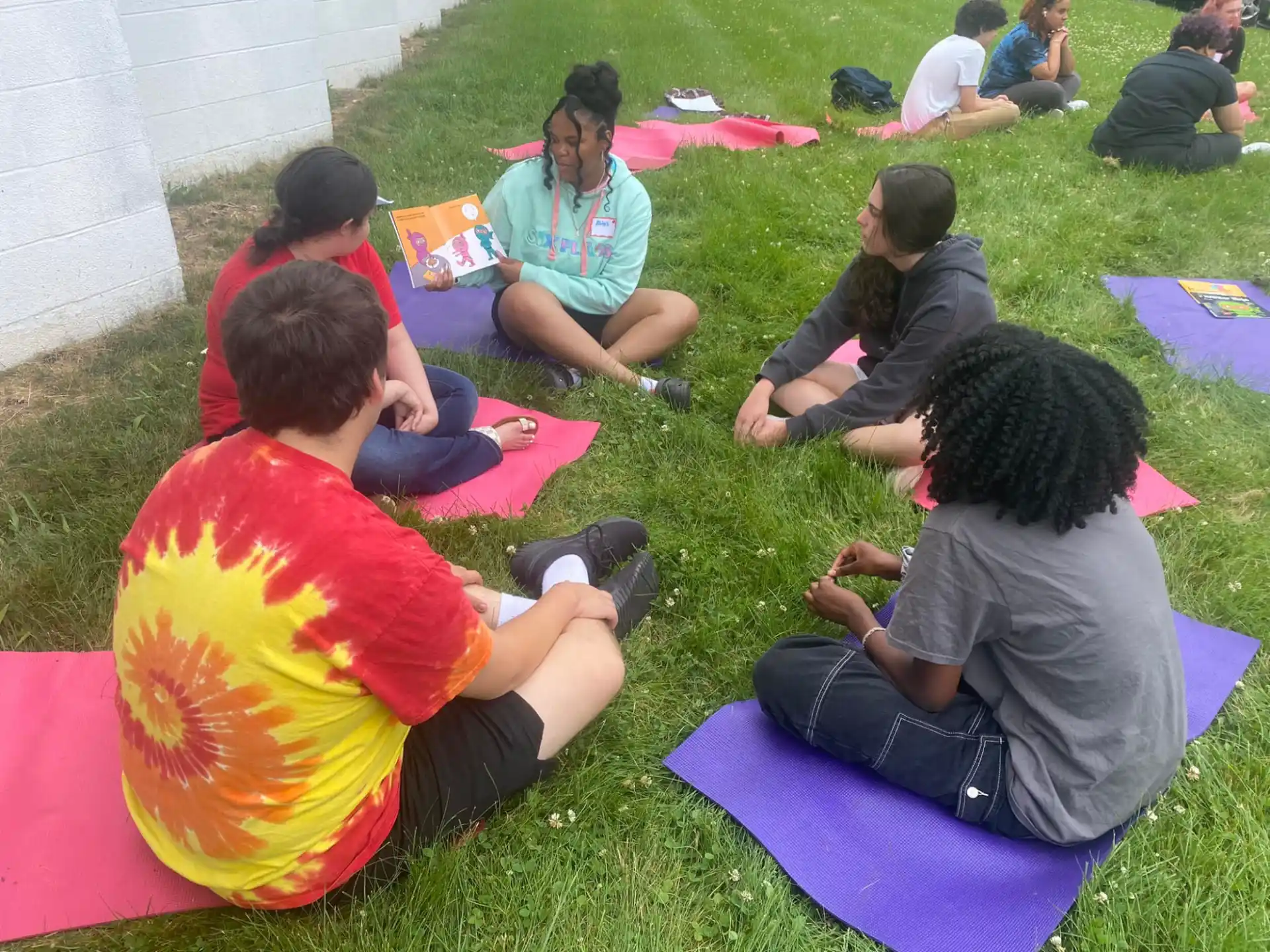 a group of people sitting on the grass