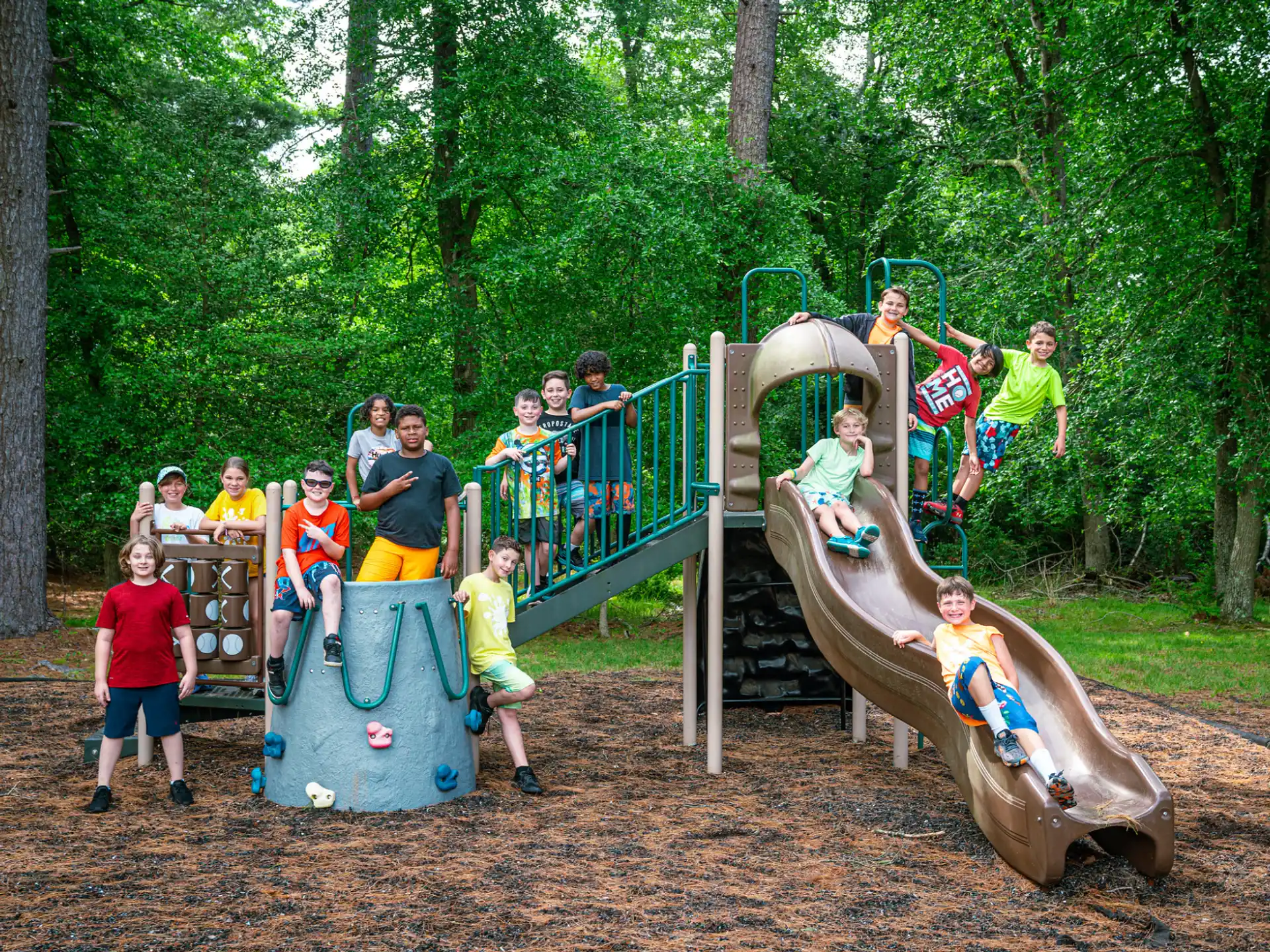 a group of people on a slide