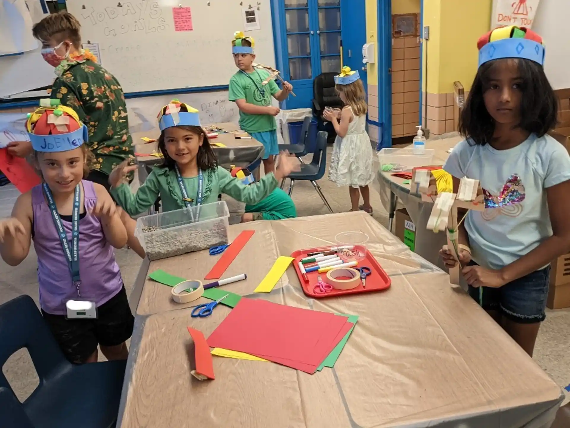 a group of children wearing party hats