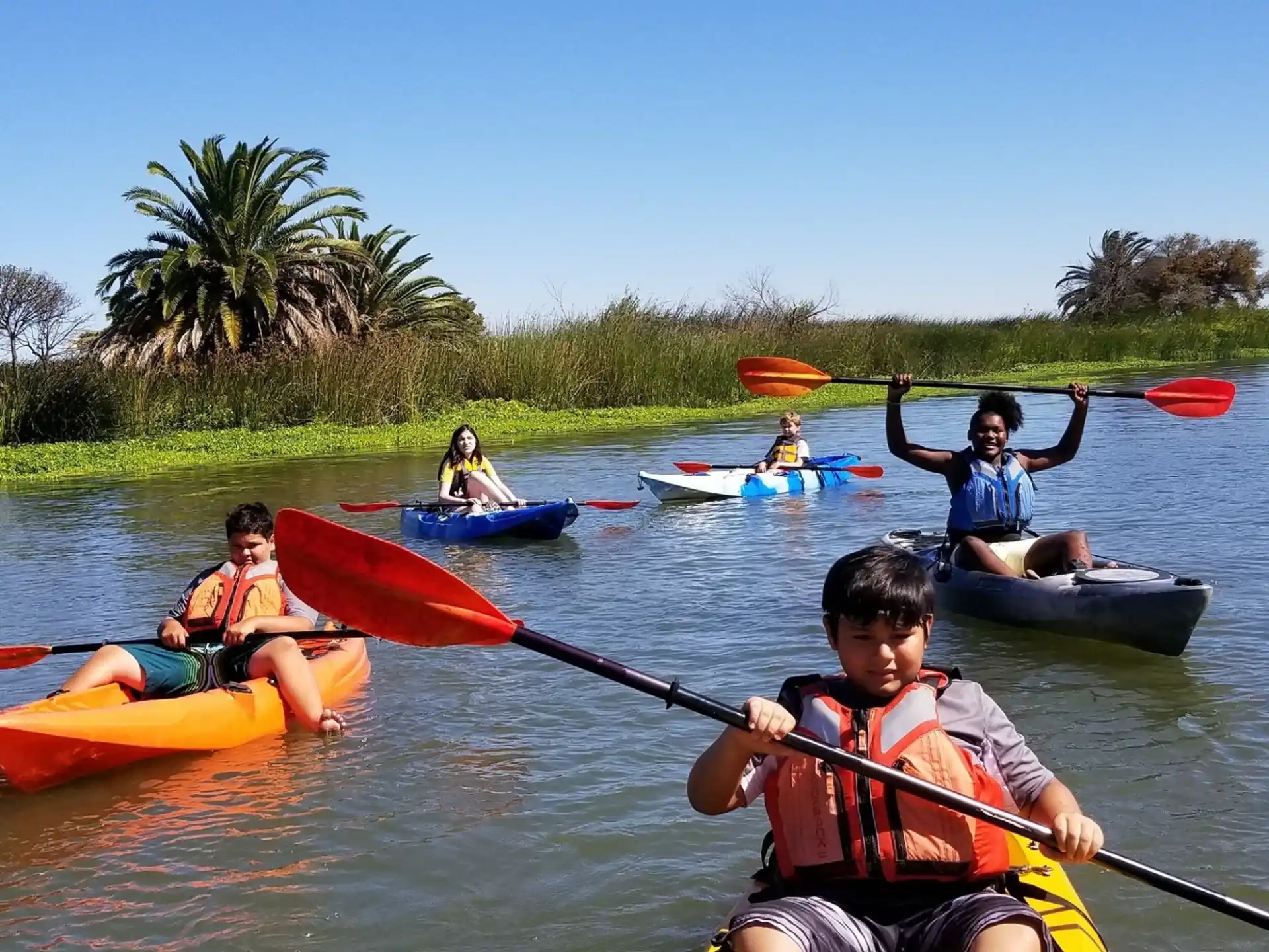 a group of people in kayaks on a river