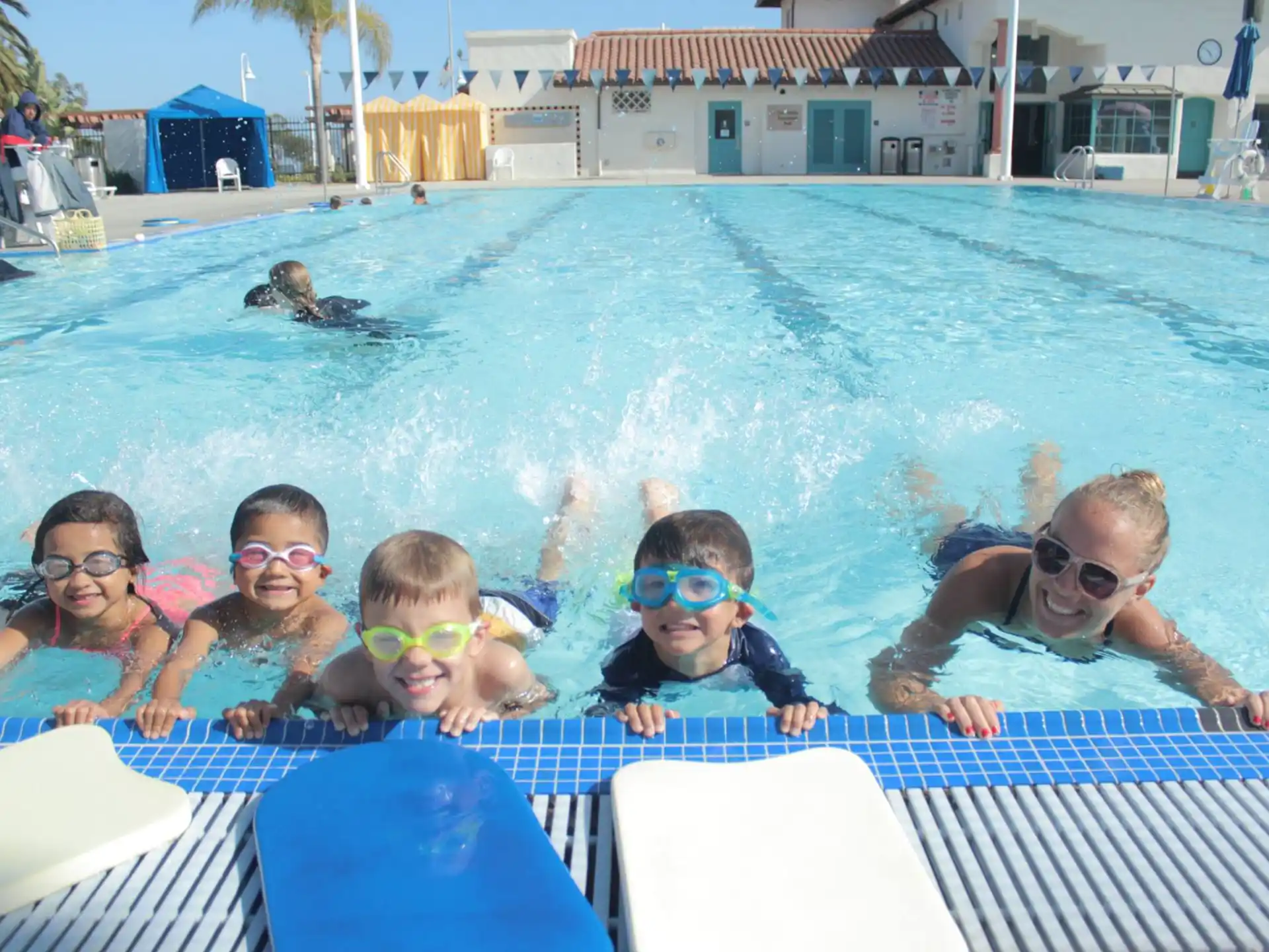 a group of people in a pool