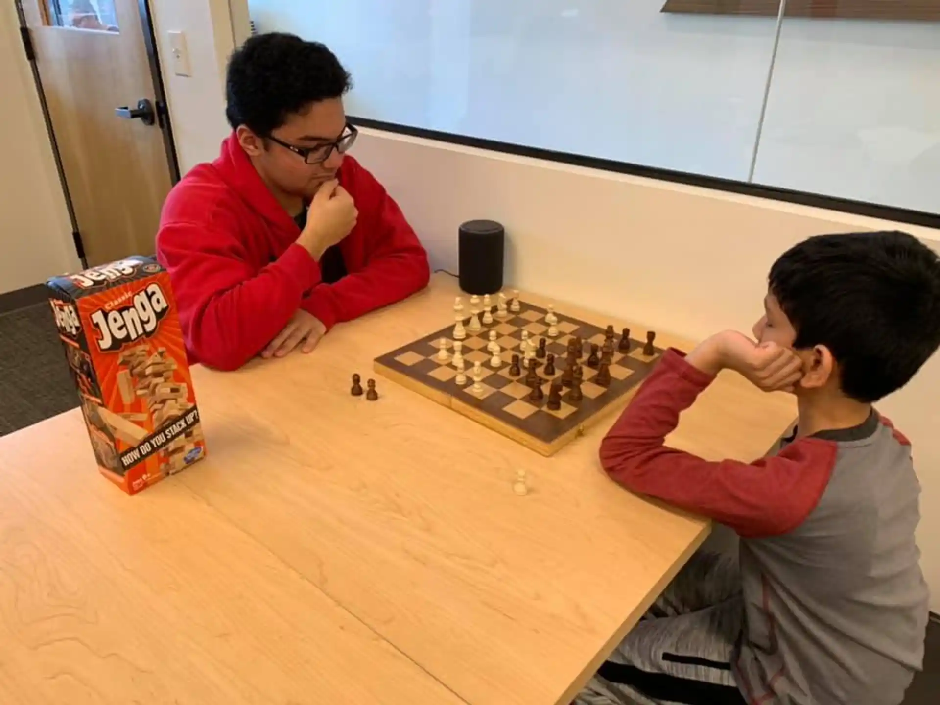 a person and a boy playing chess