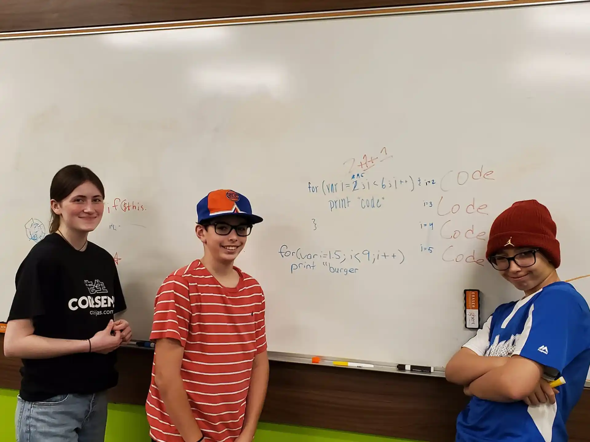 a group of people standing in front of a whiteboard