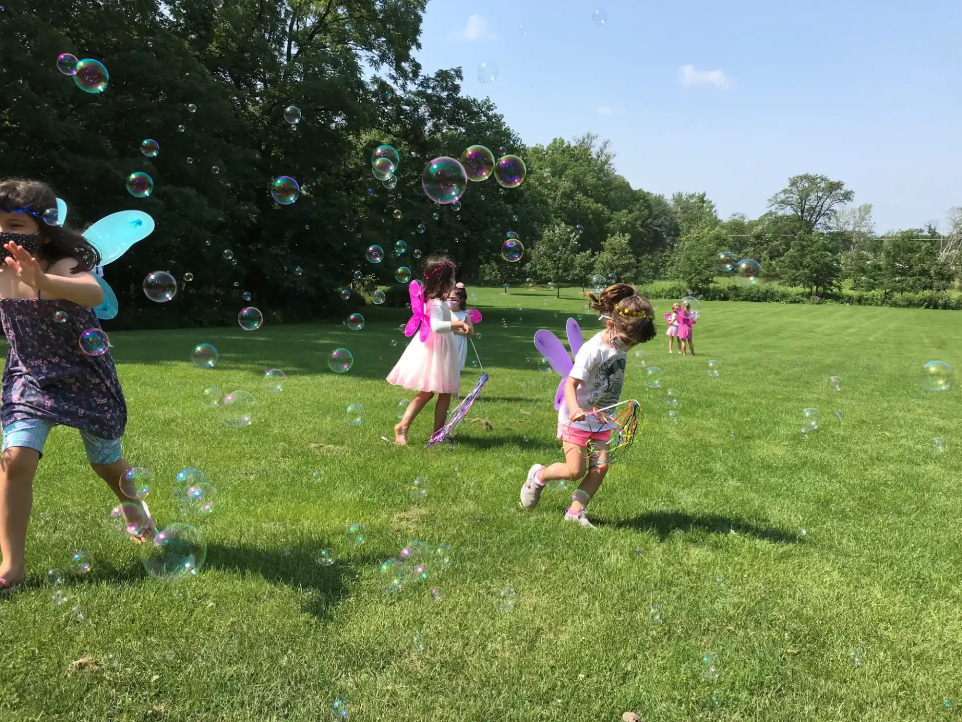 a group of children playing in a grassy field