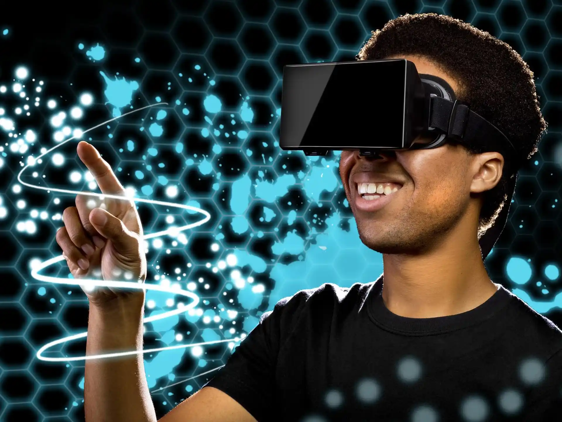 a person wearing virtual reality goggles