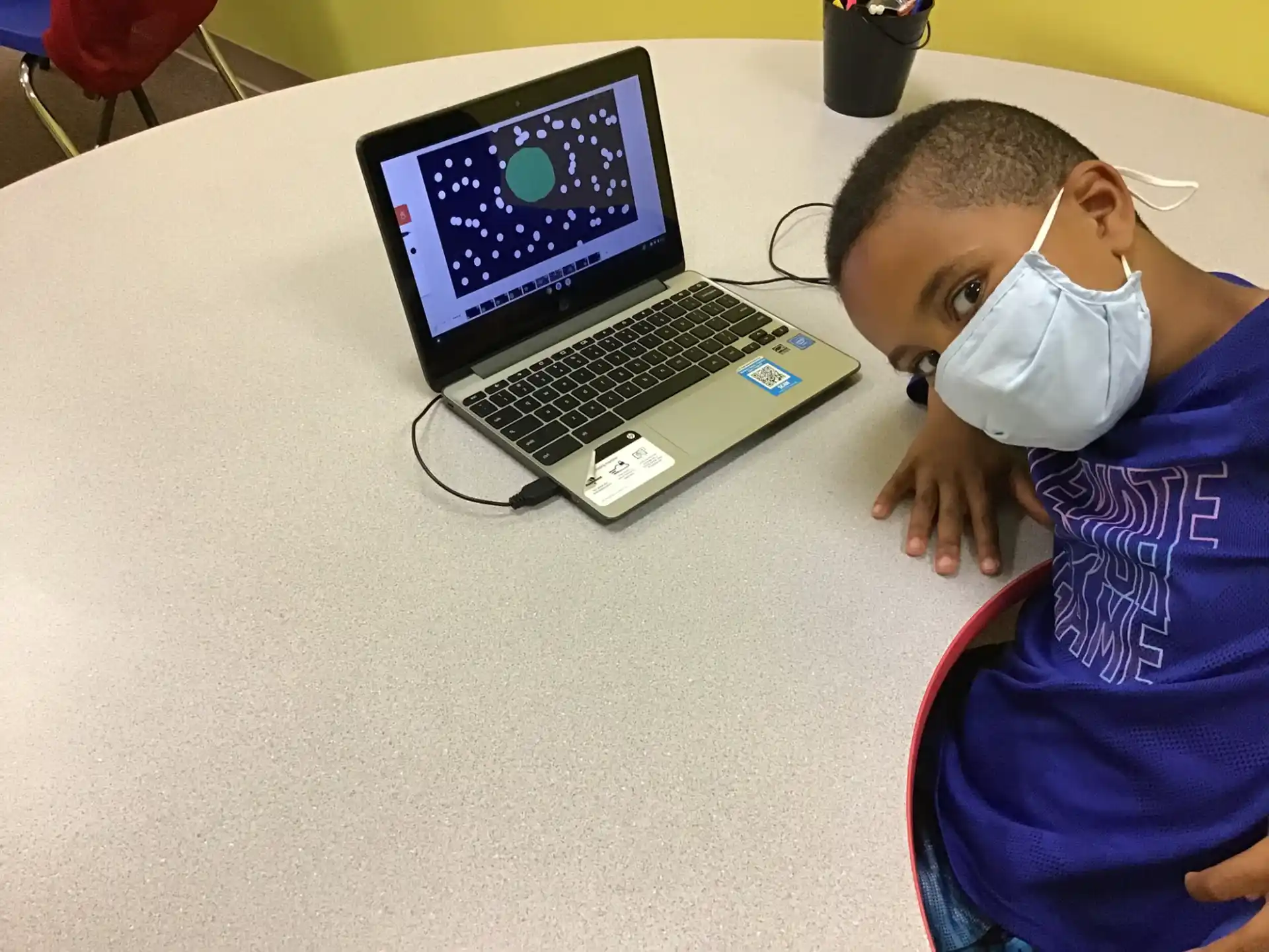 a person with a mask on looking at a laptop
