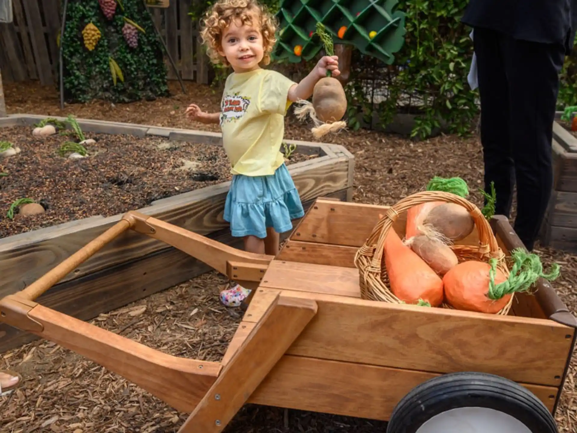 a child sitting on a table with pumpkins and a wheelbarrow