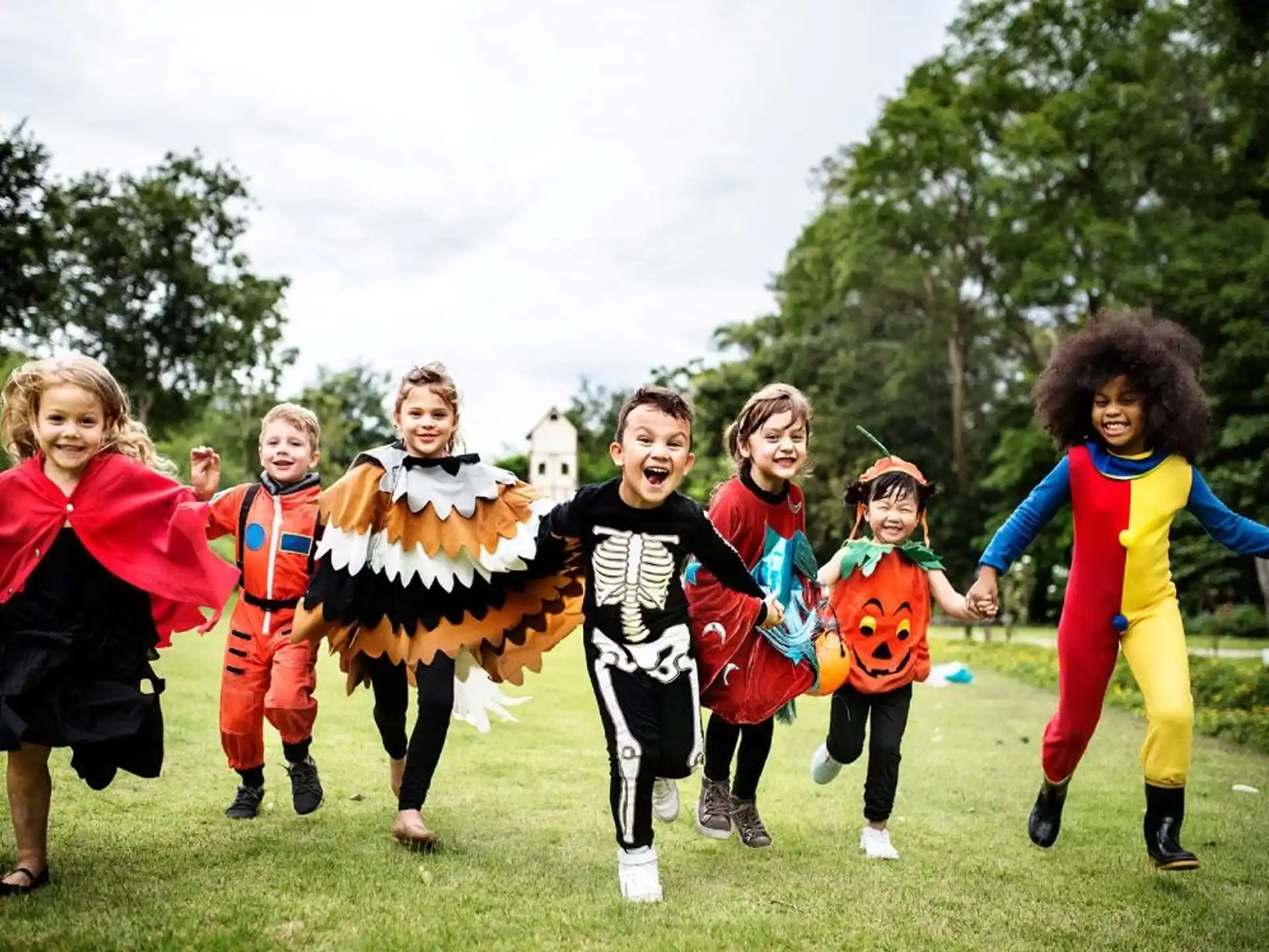 a group of children running in a field