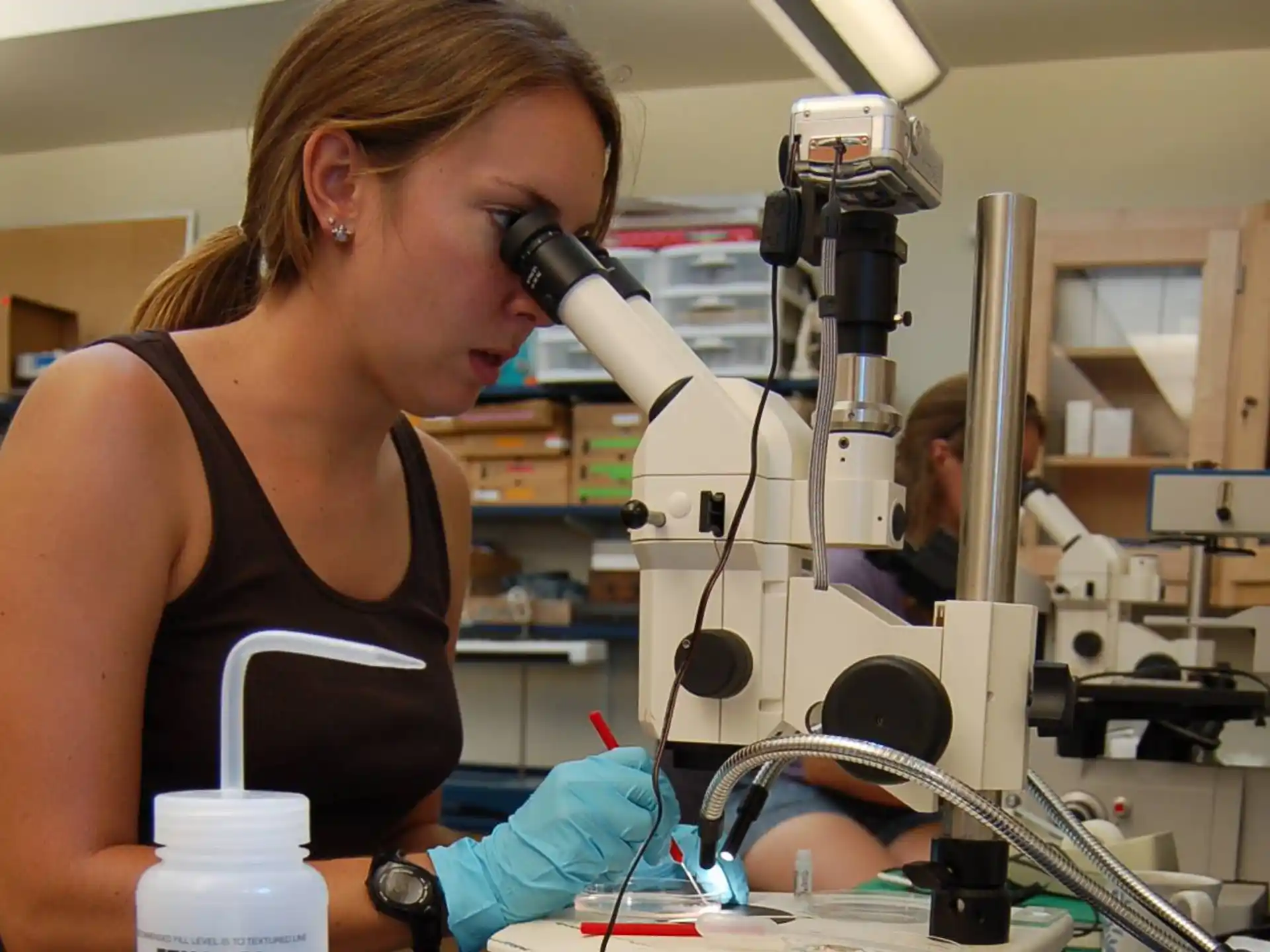 a woman using a microscope
