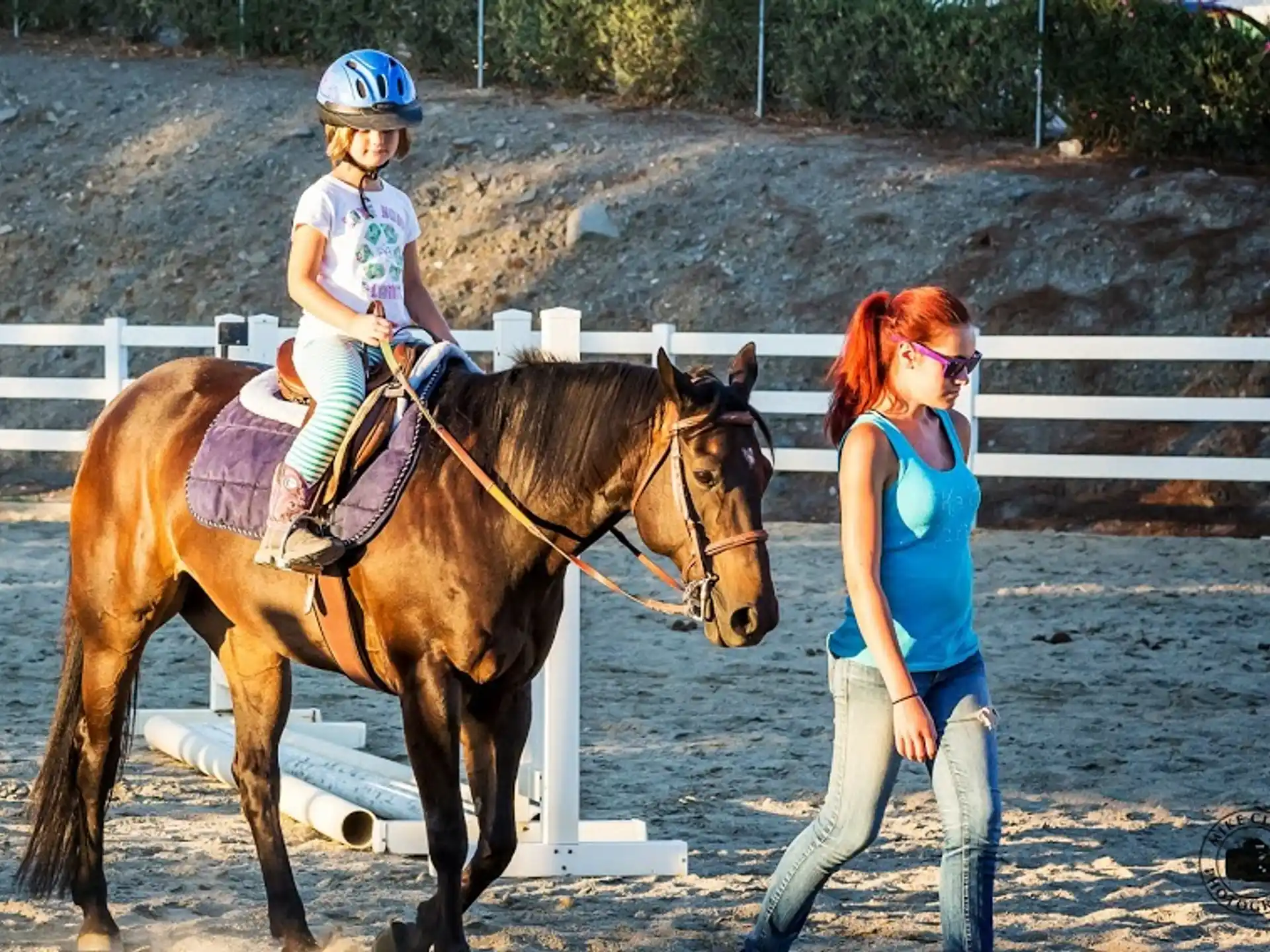 a person and a child petting a horse