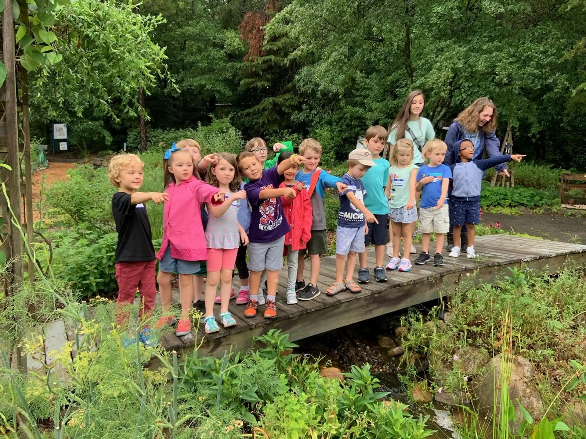 a group of children standing on a log