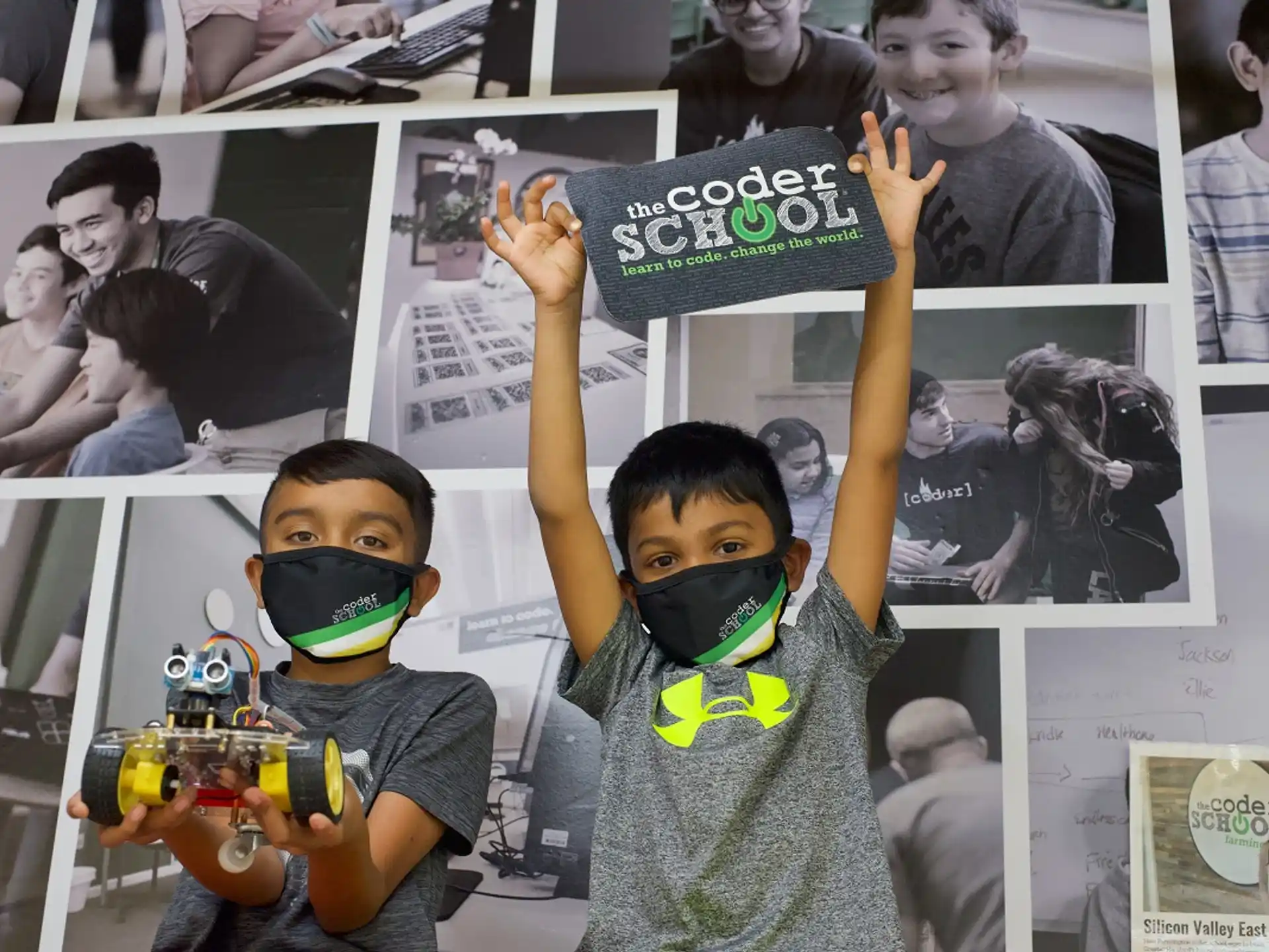 a collage of a boy wearing a mask and holding a gun
