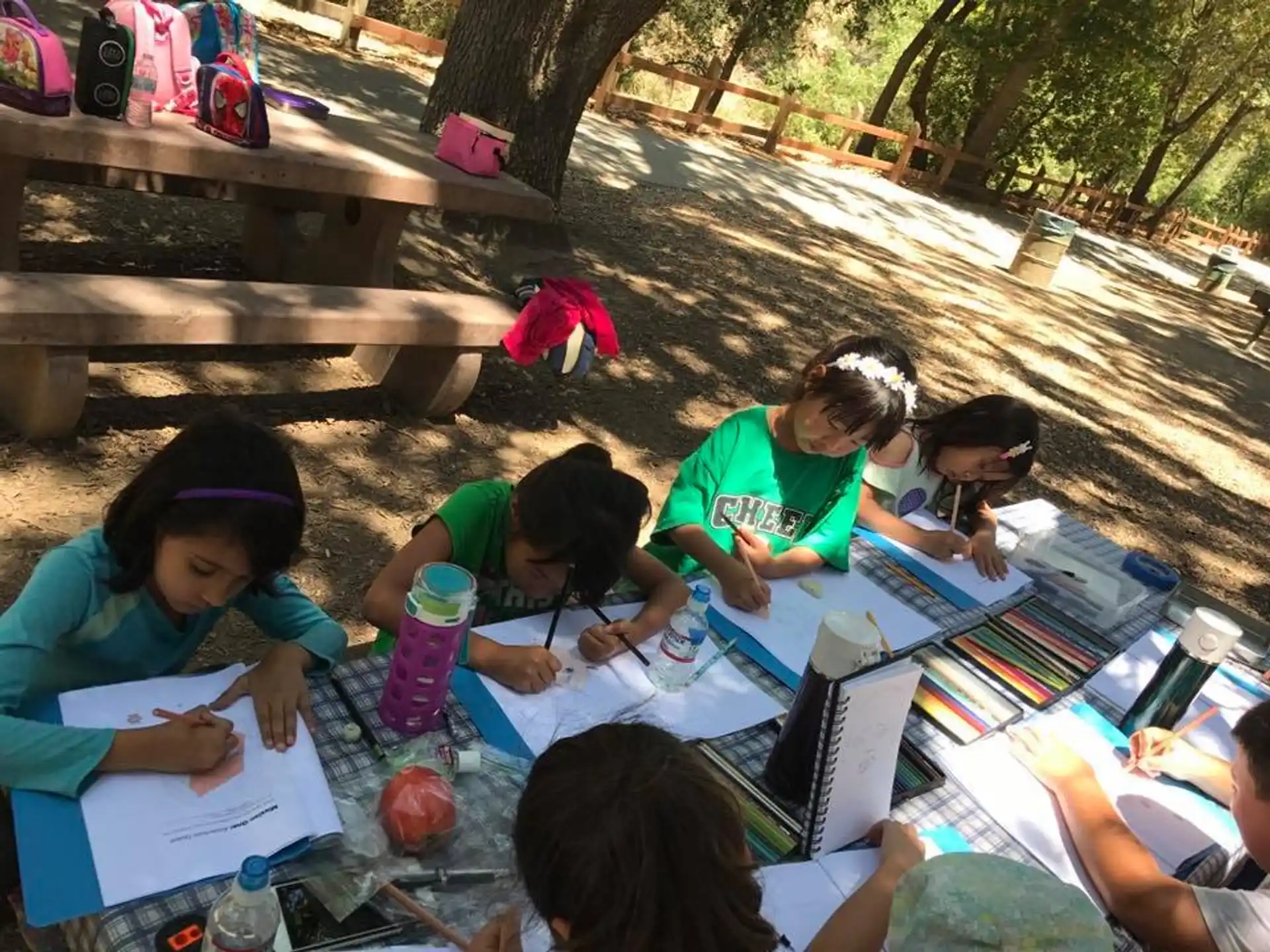 a group of children sitting at a table outside