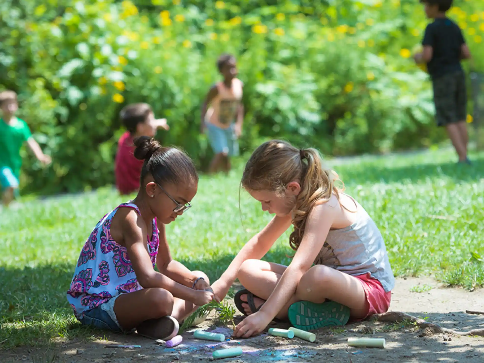 a group of children playing in the grass