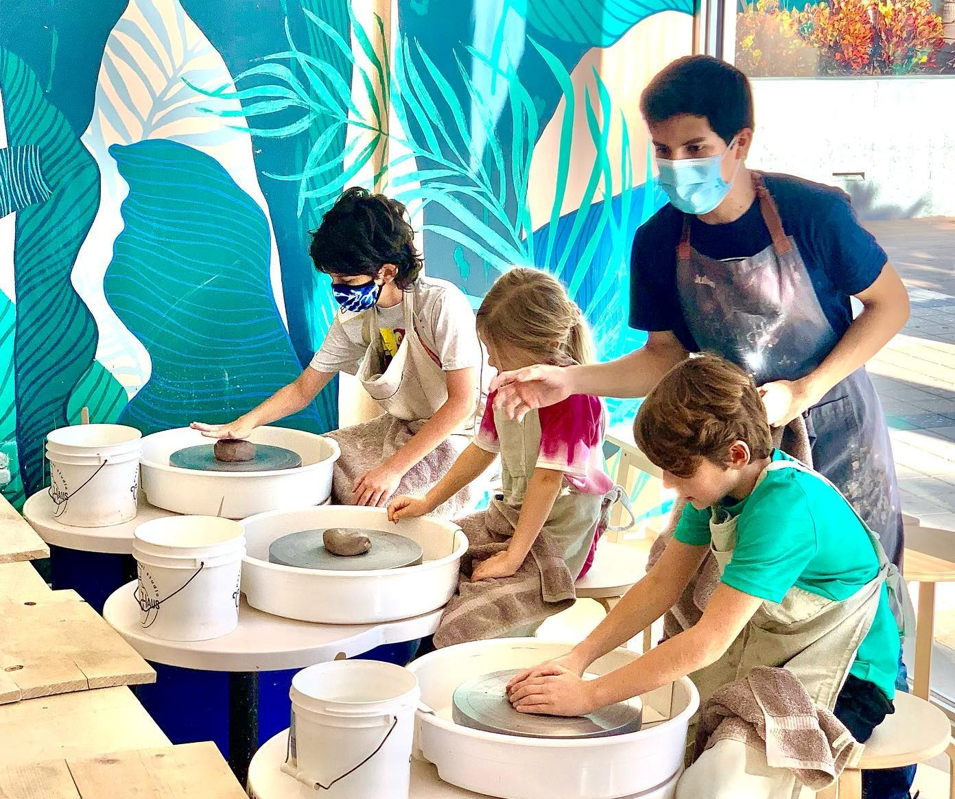 a group of people working with water