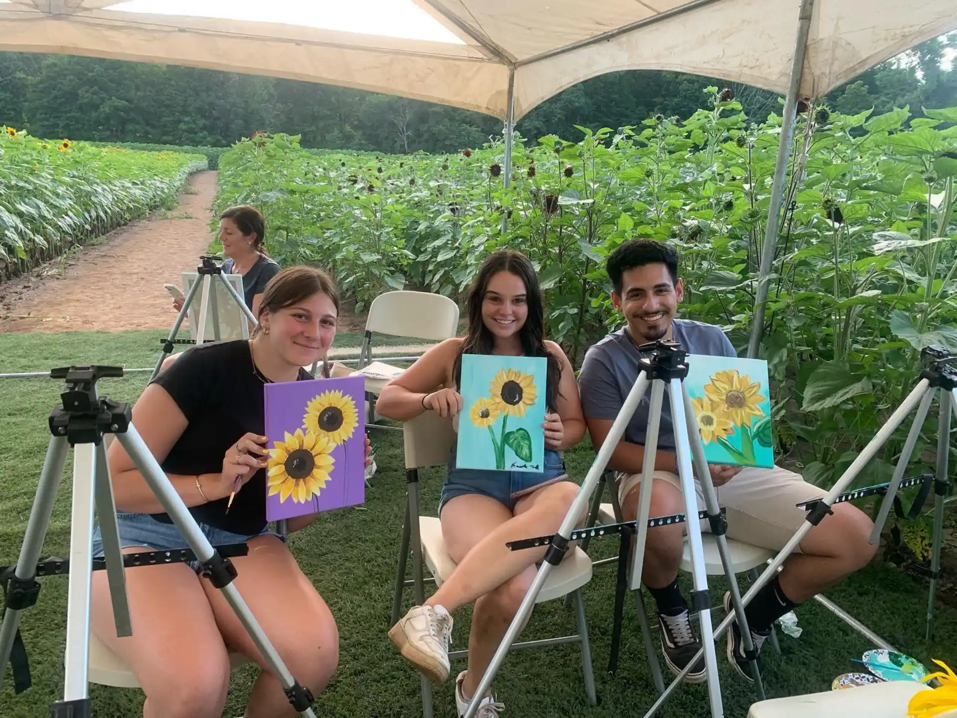 a group of people sitting in chairs outside