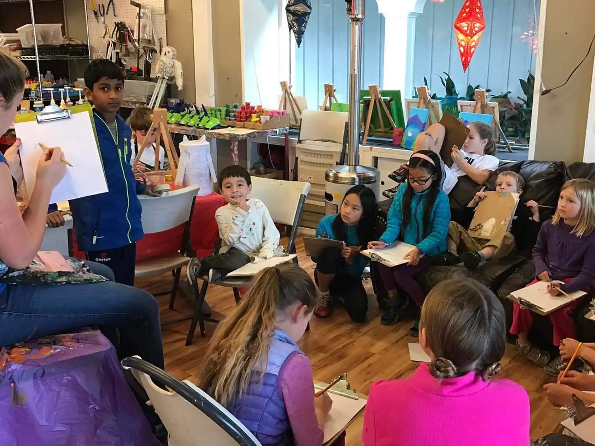 a group of people sitting in a room