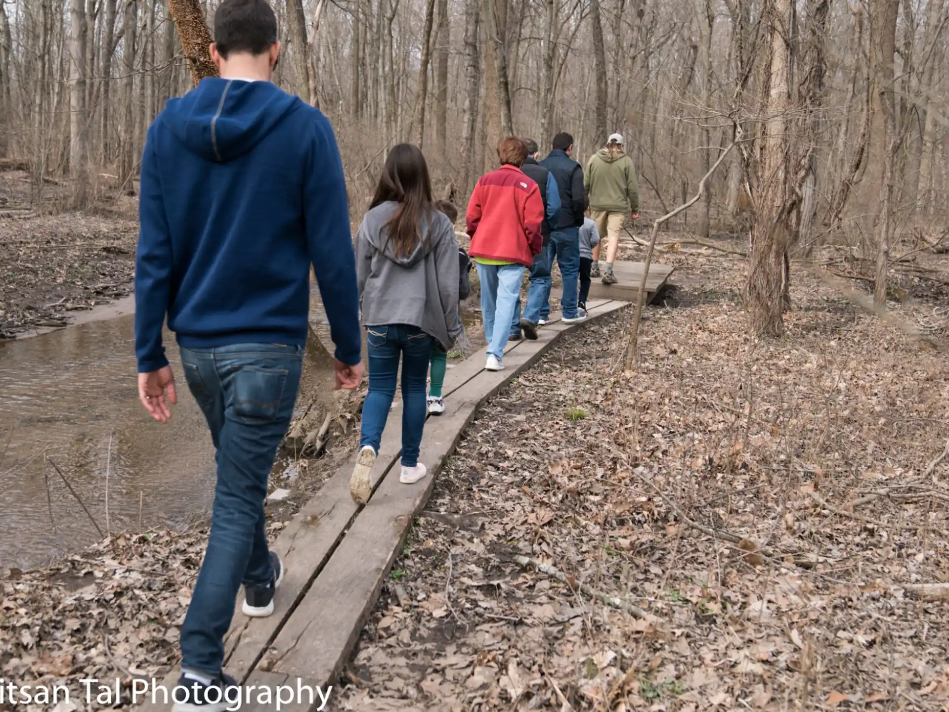 a group of people walking on a wooden bridge over a river