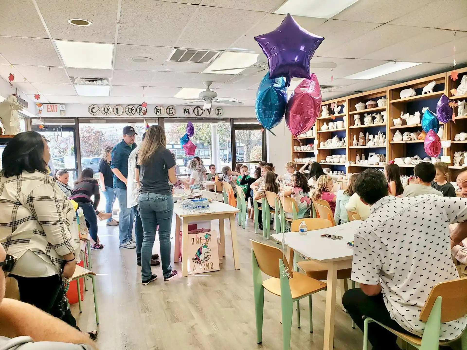 a group of people in a library