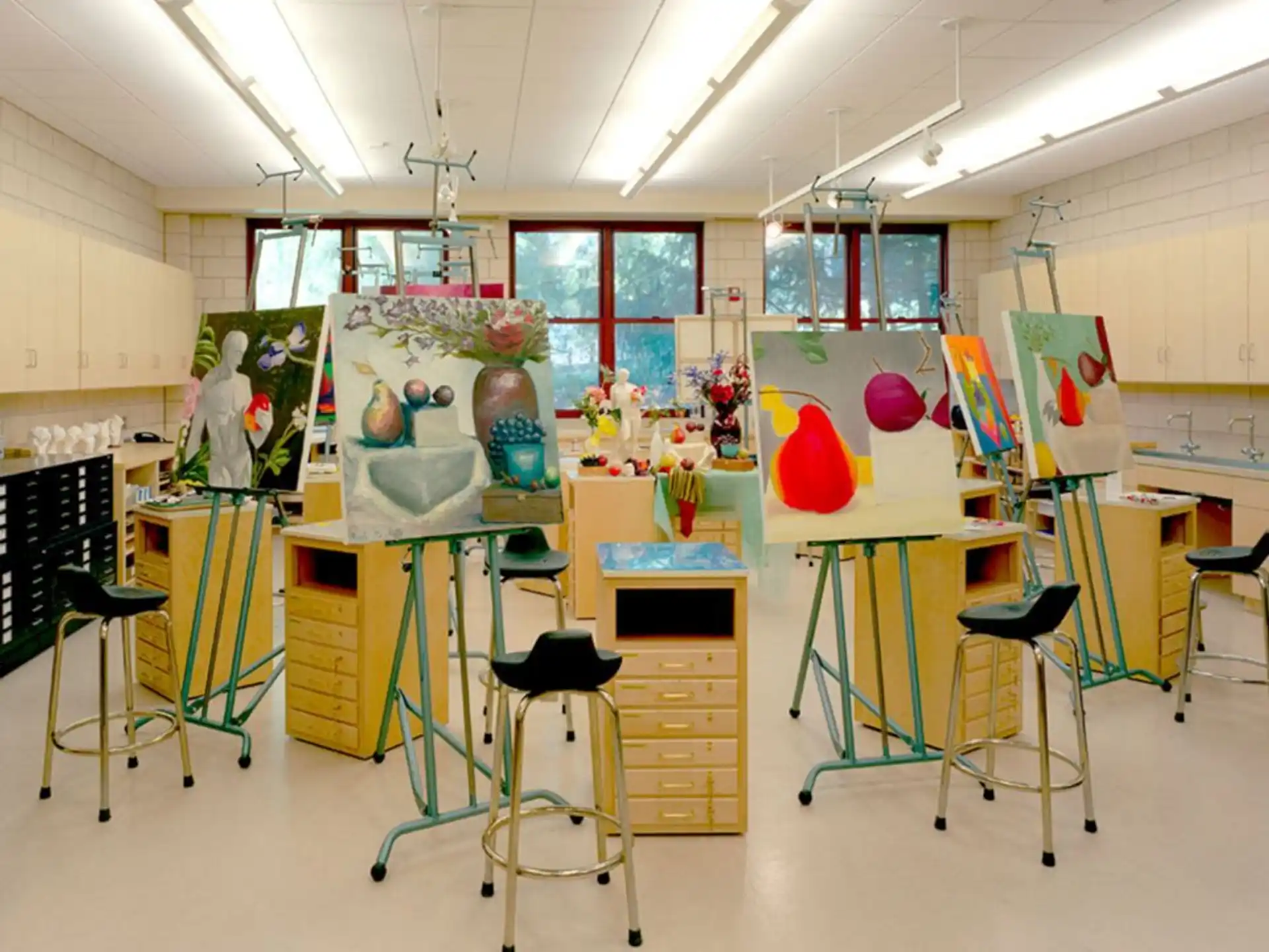 a classroom with desks and chairs