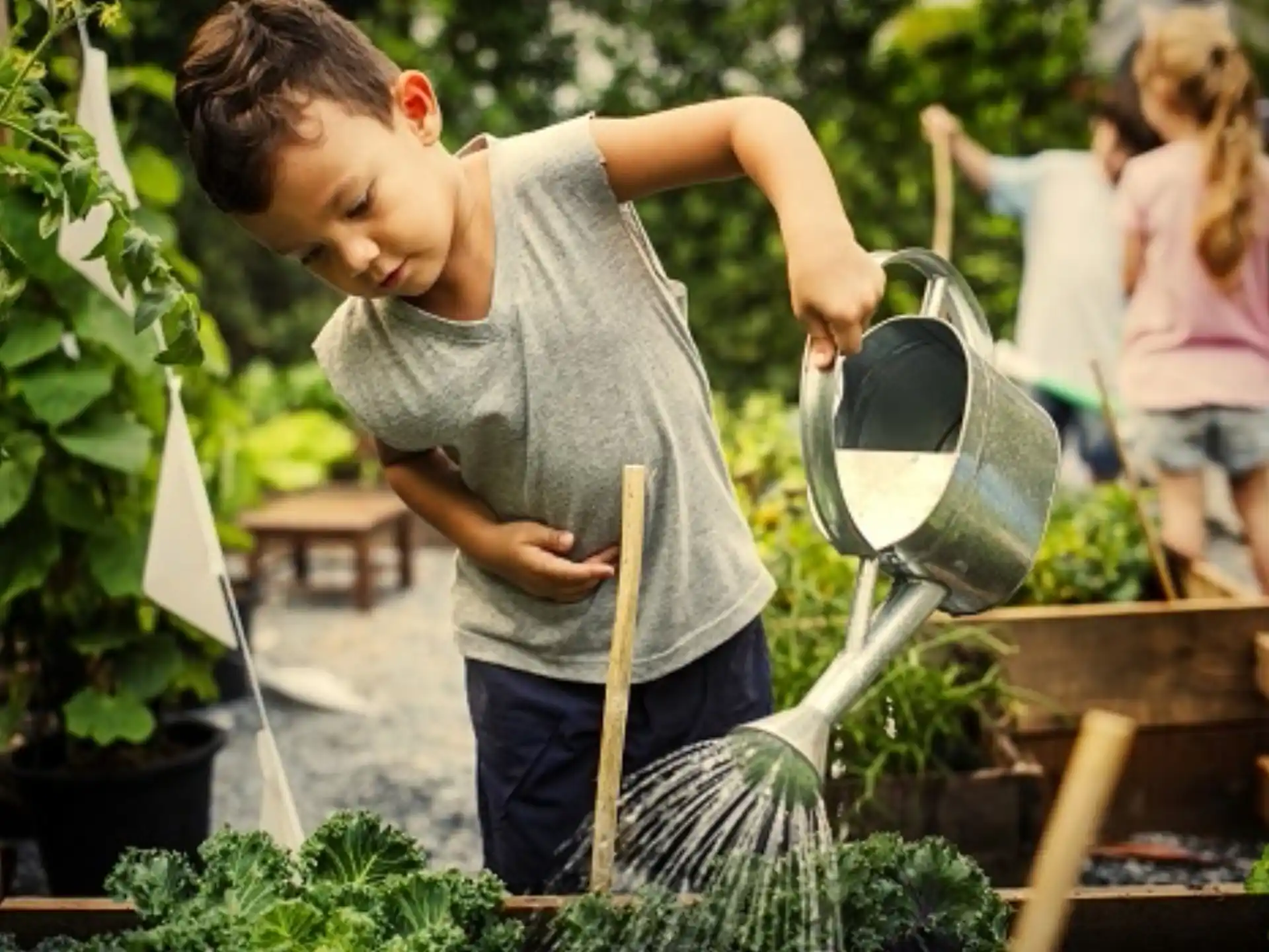 a young boy working in a garden