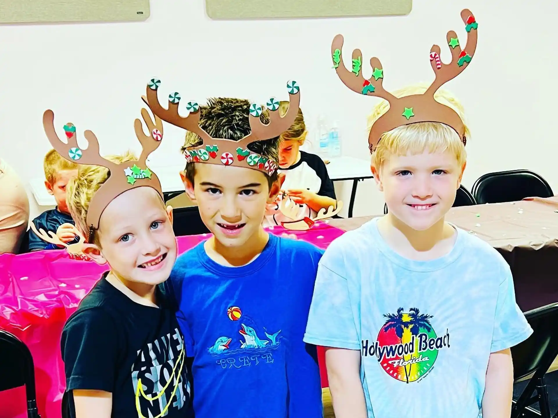 a group of children wearing party hats