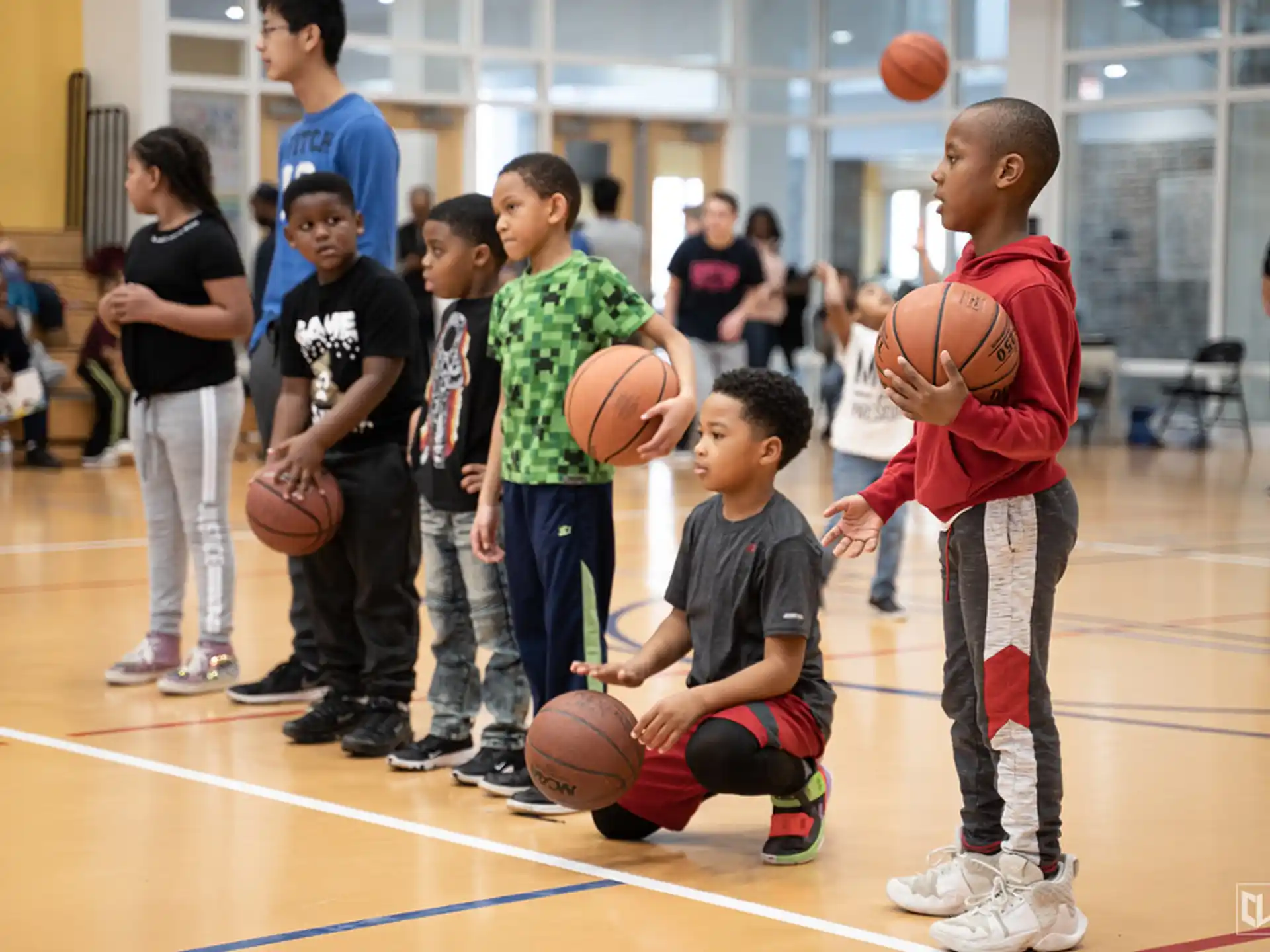 a group of kids playing basketball