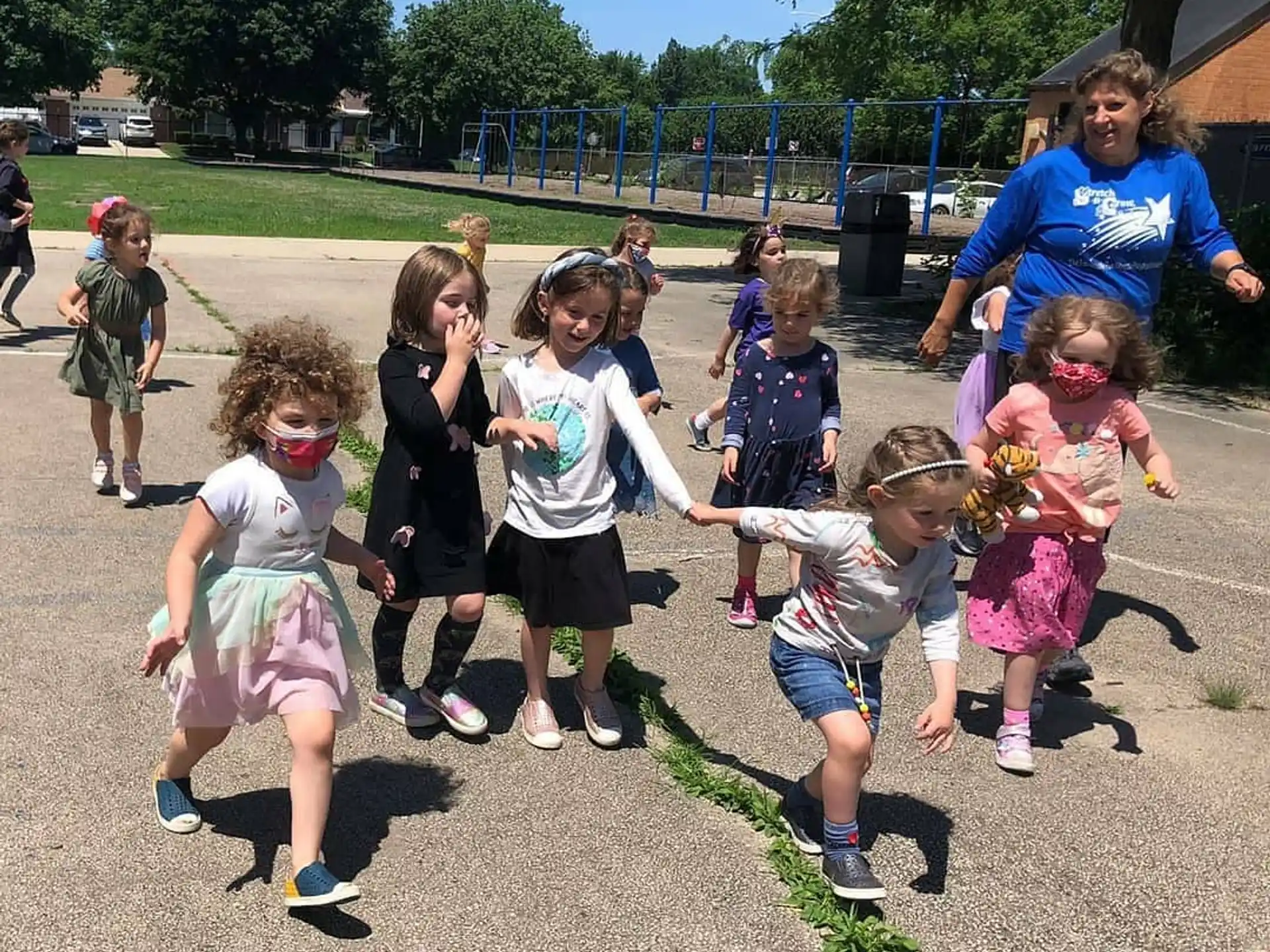 a group of children running