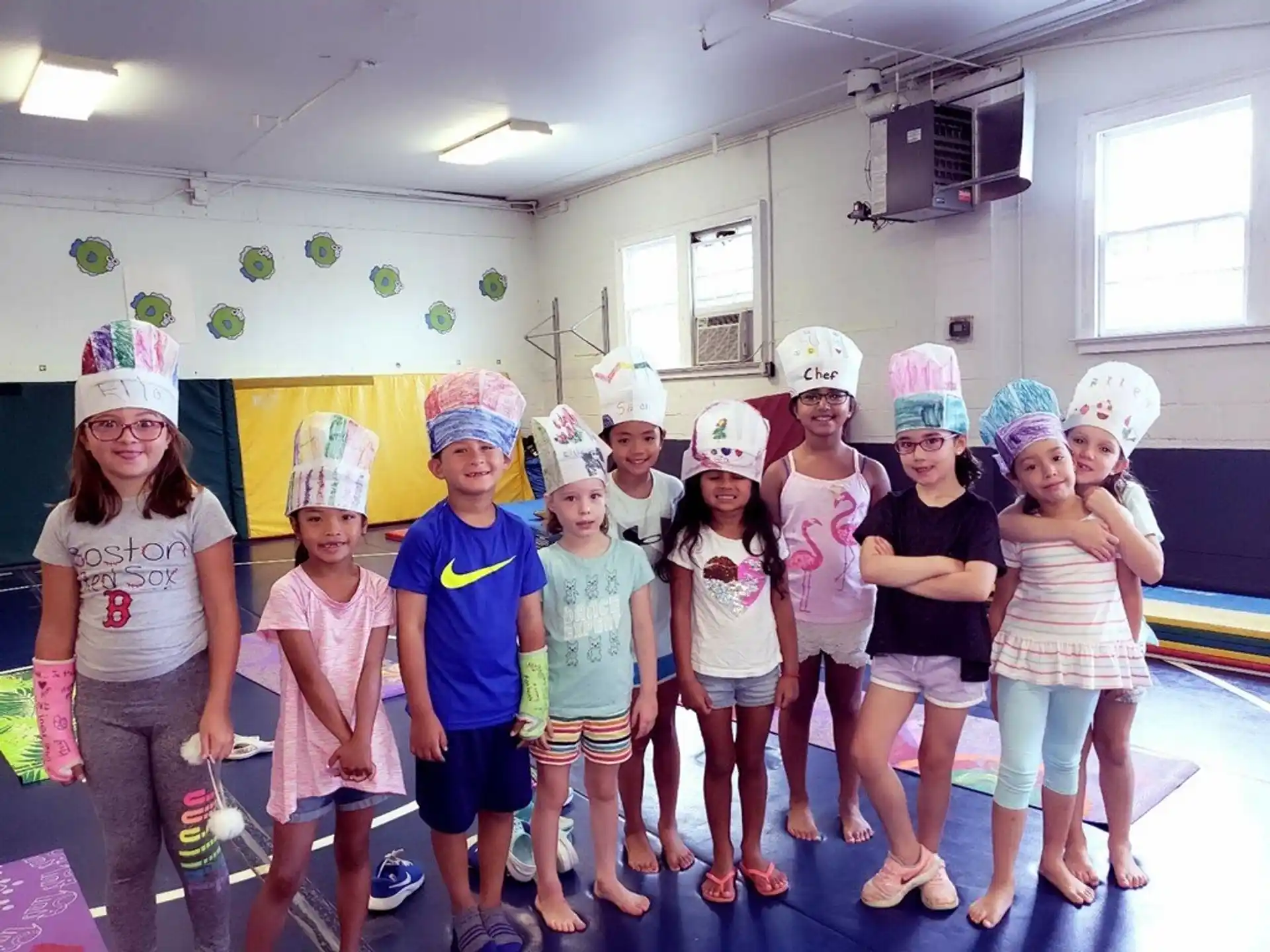 a group of children wearing party hats