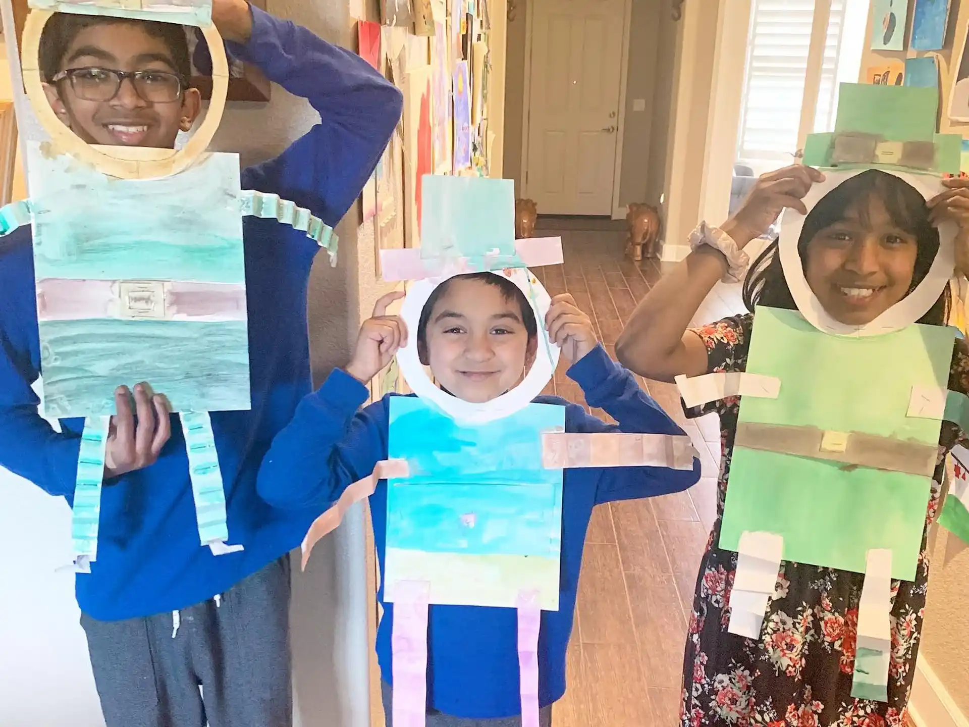 a group of kids wearing party hats