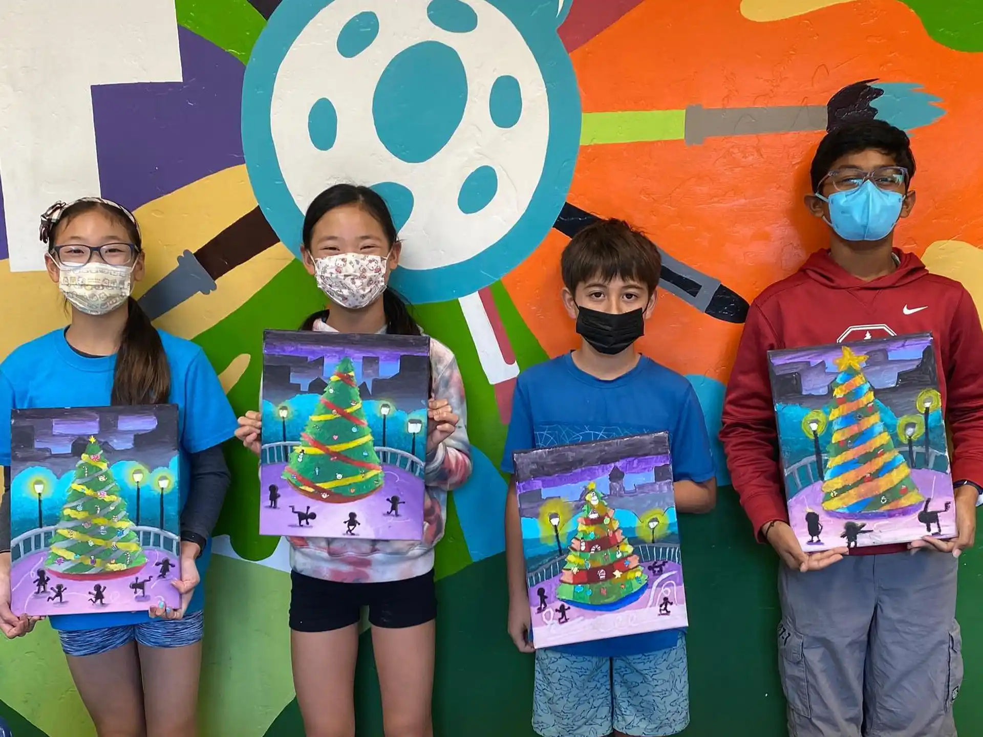 a group of kids wearing face masks