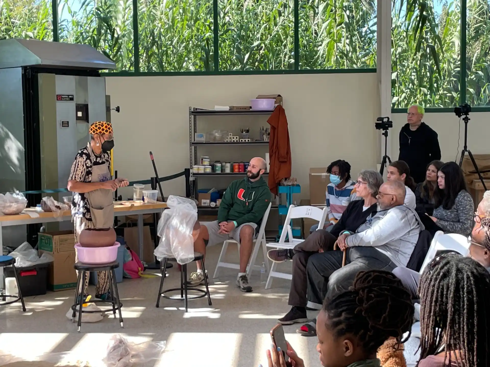 a group of people sitting in a room