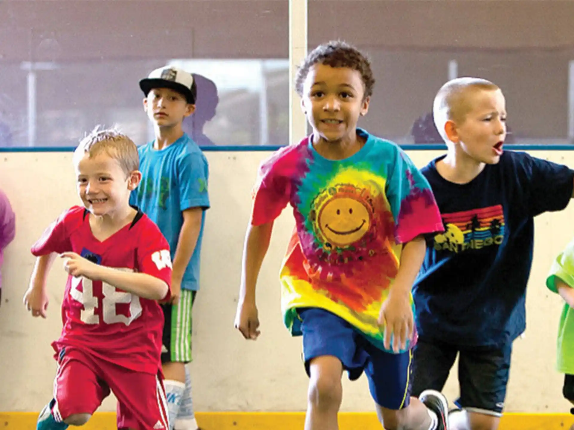 a group of children running