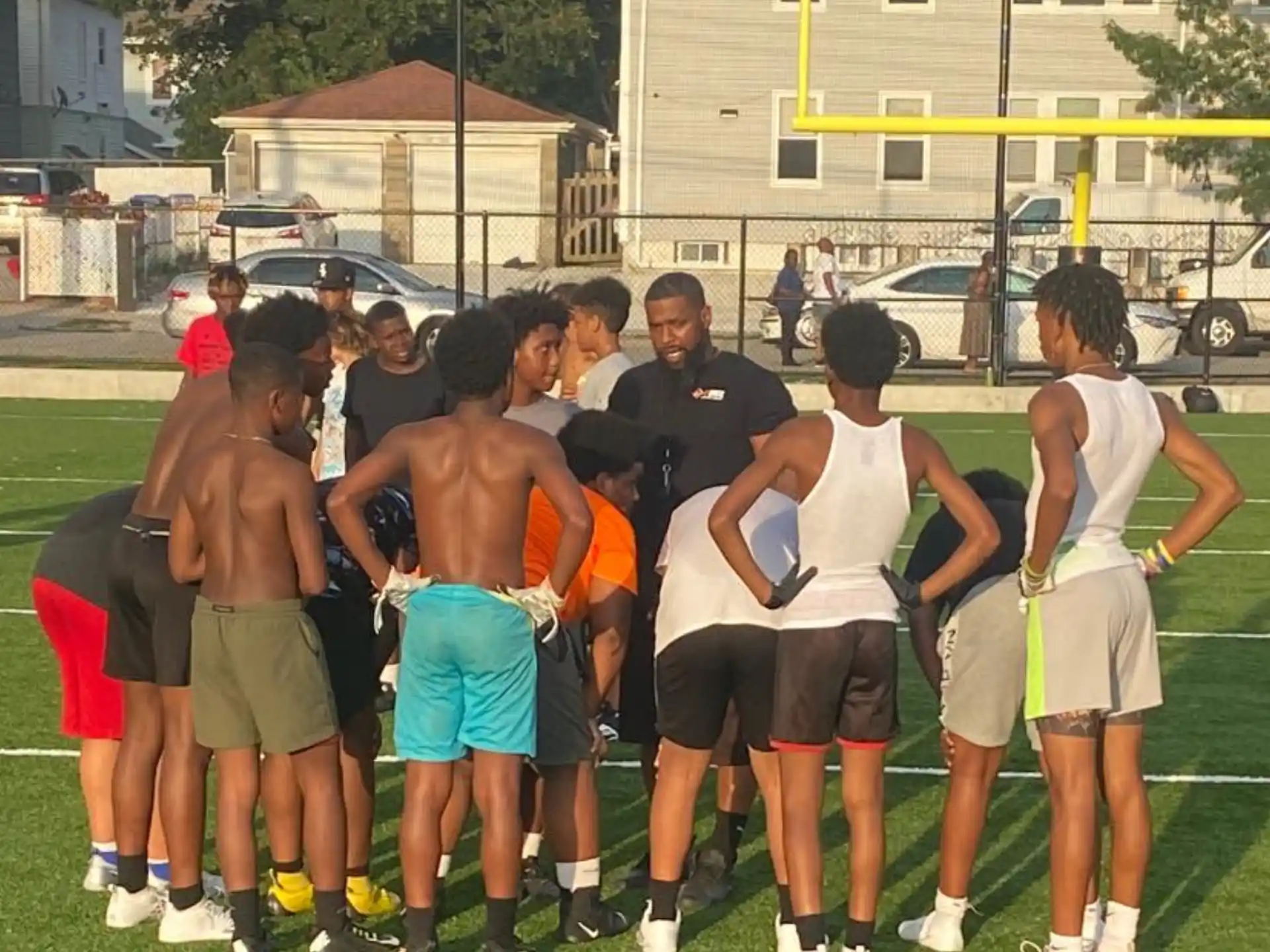 a group of people in shorts