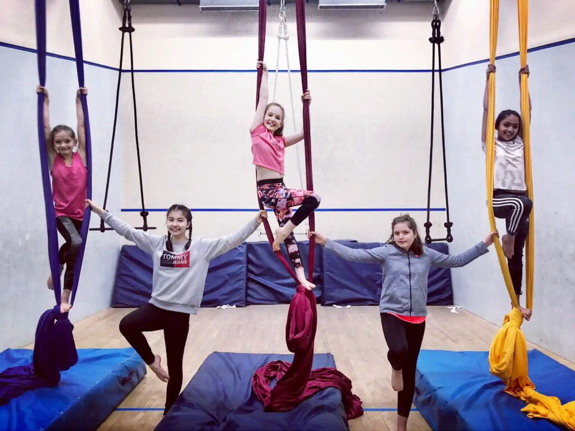 a group of people on a trampoline