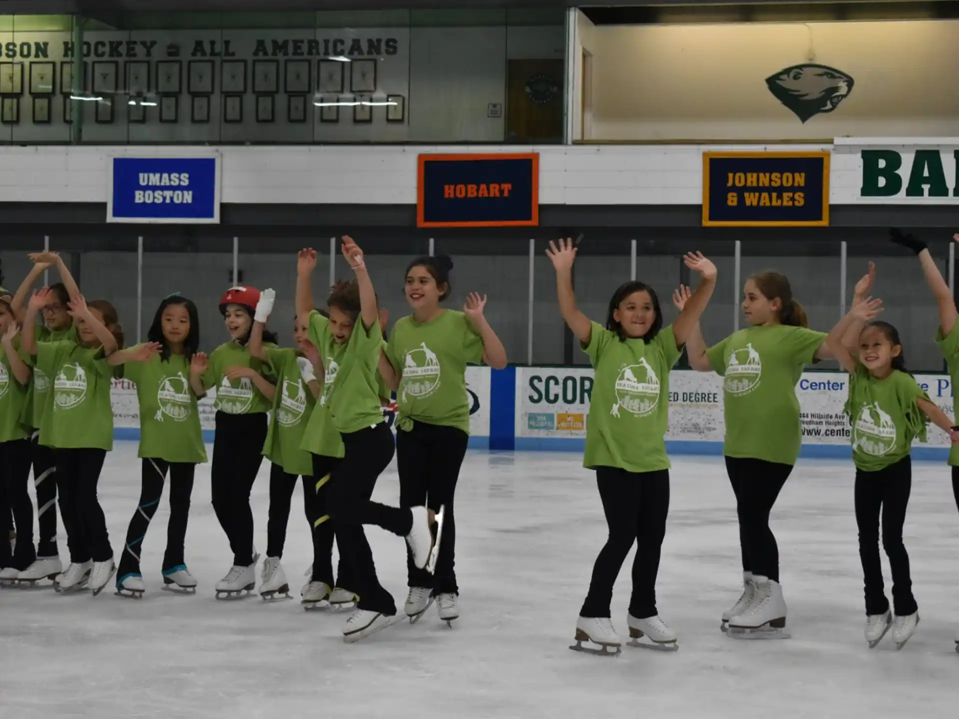 a group of women ice skating