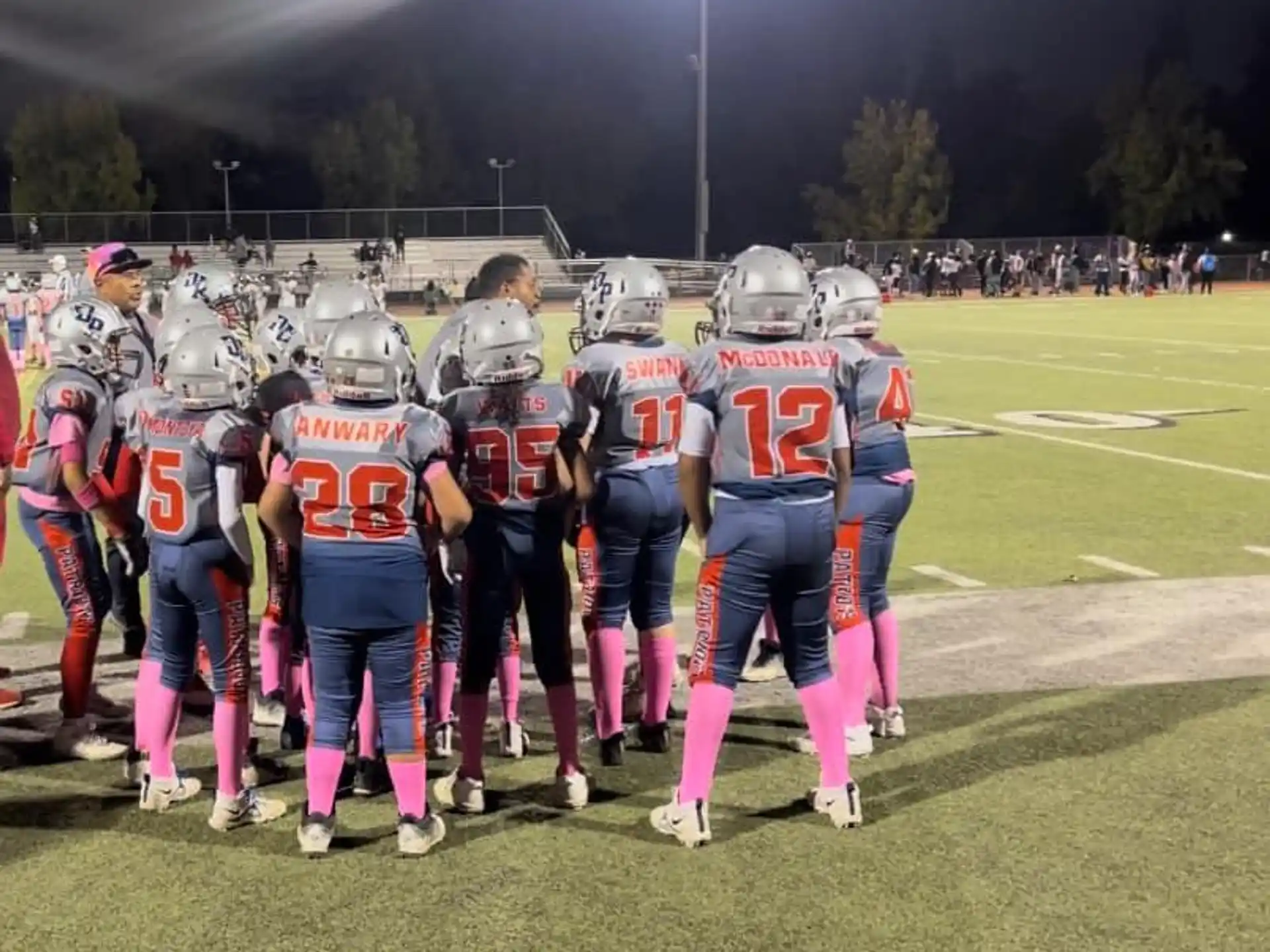 a group of football players standing on a field