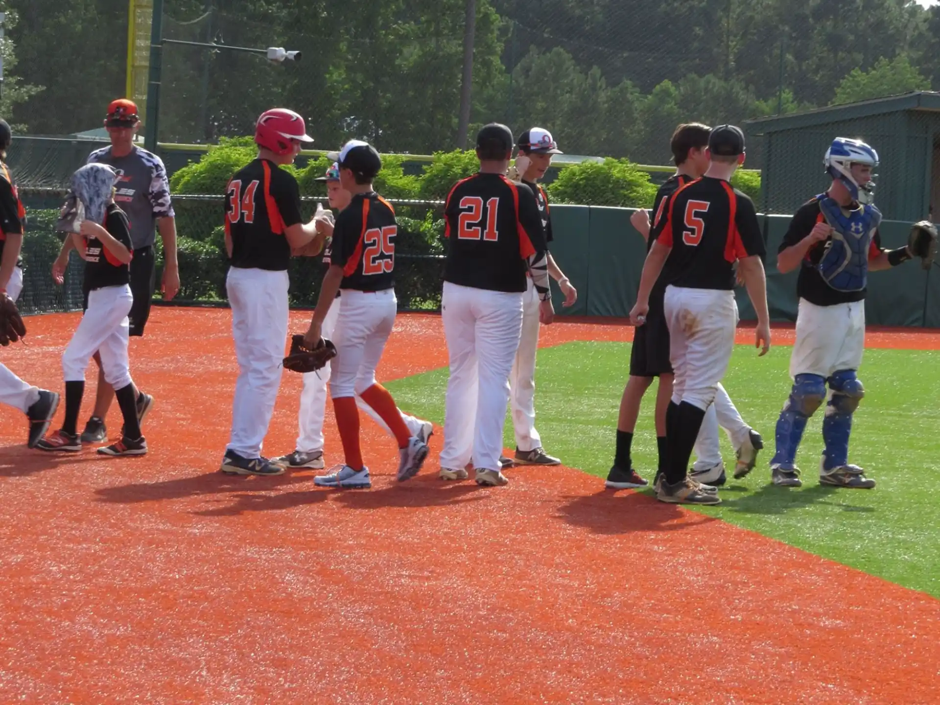 a group of baseball players standing on a field