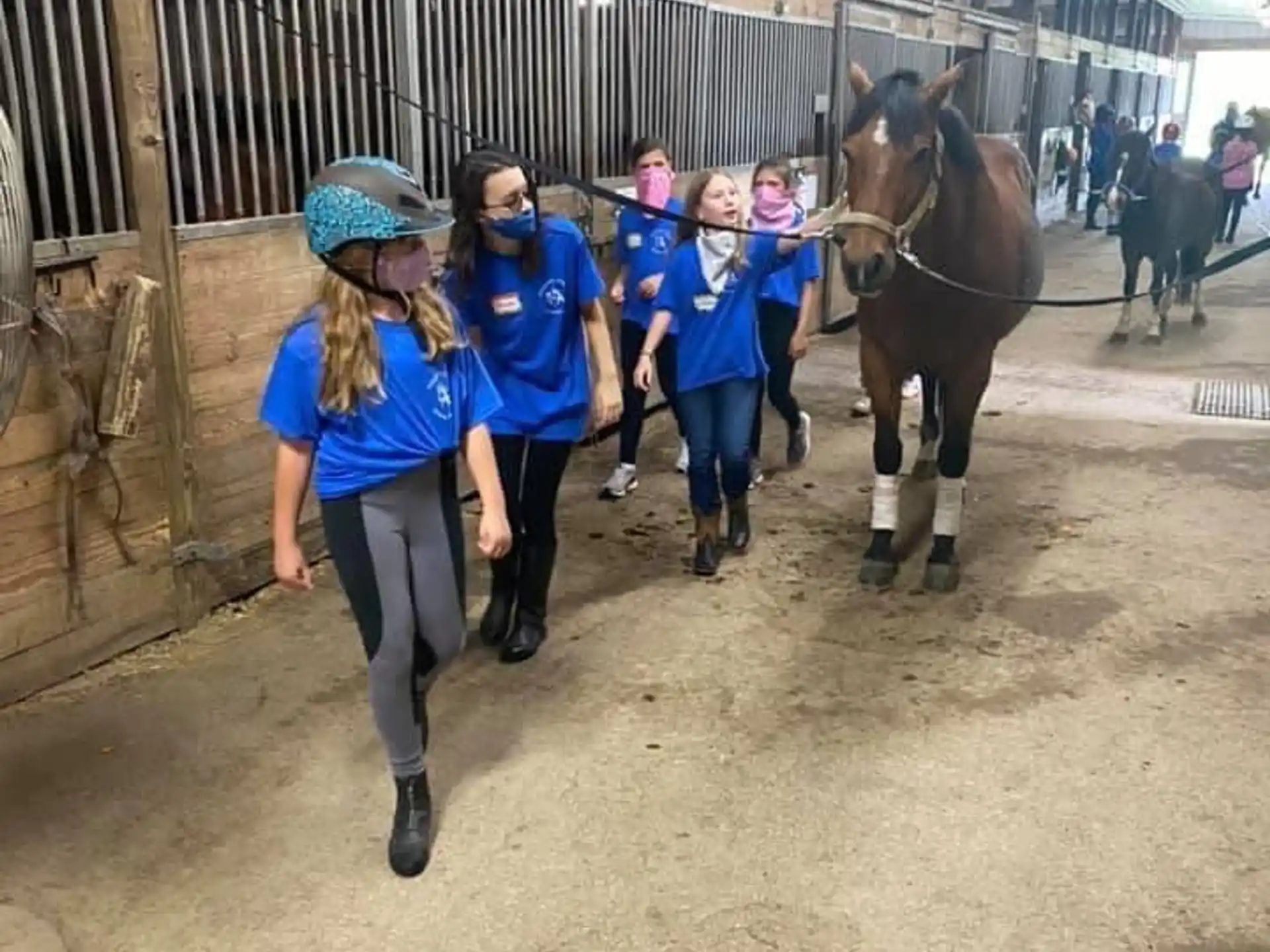 a group of people walking a horse