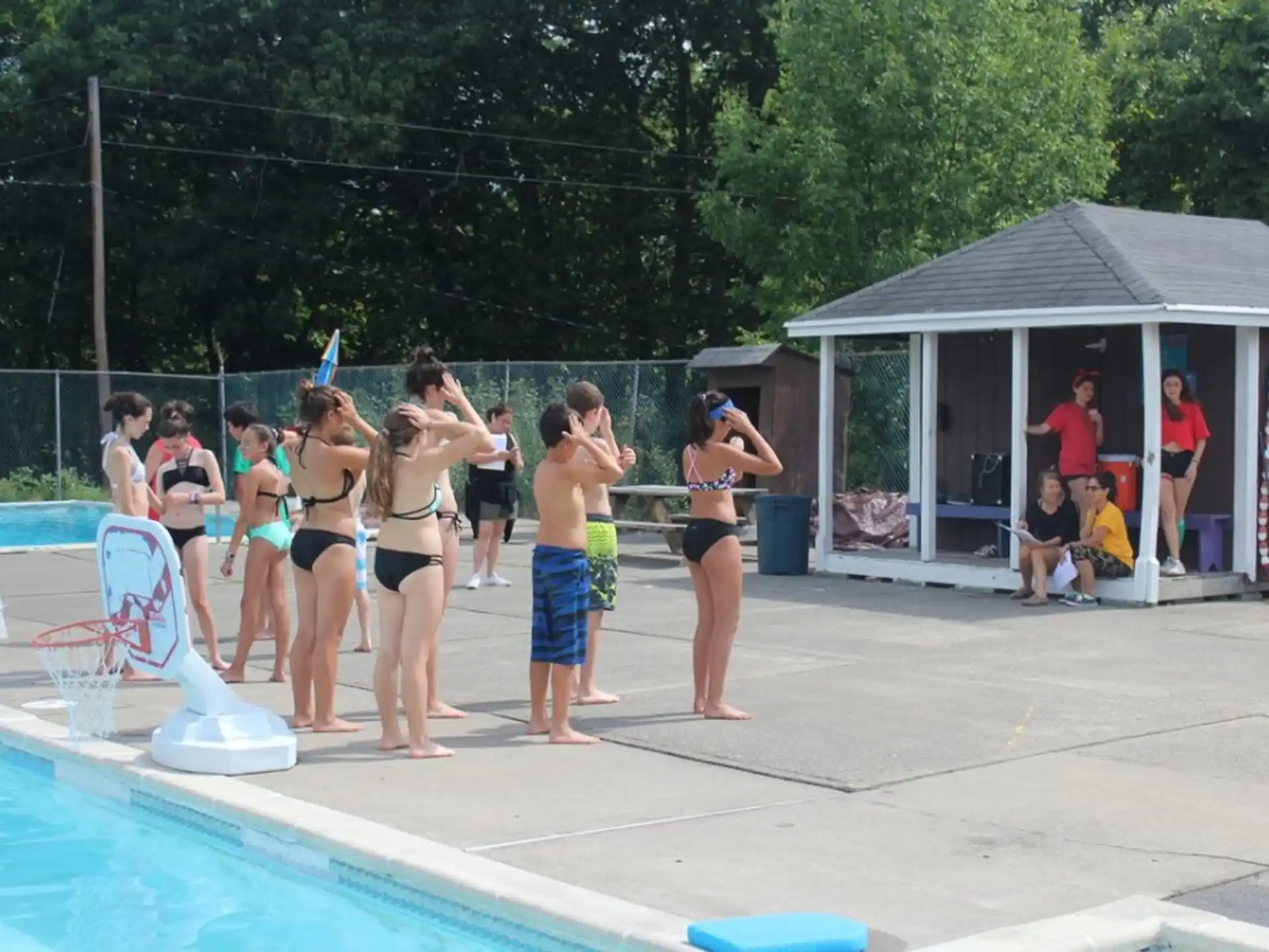 a group of people in a pool