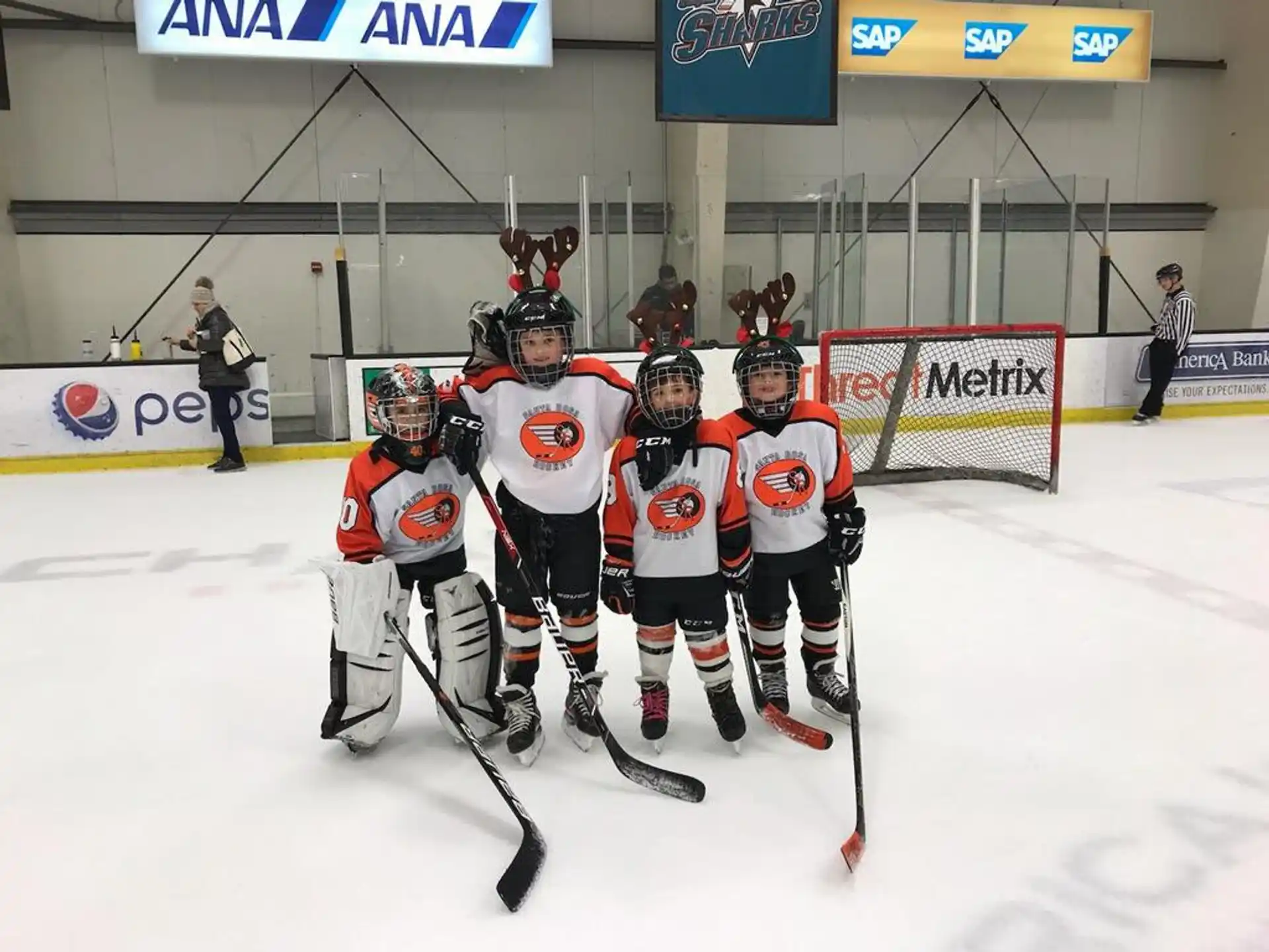 a group of hockey players on the ice