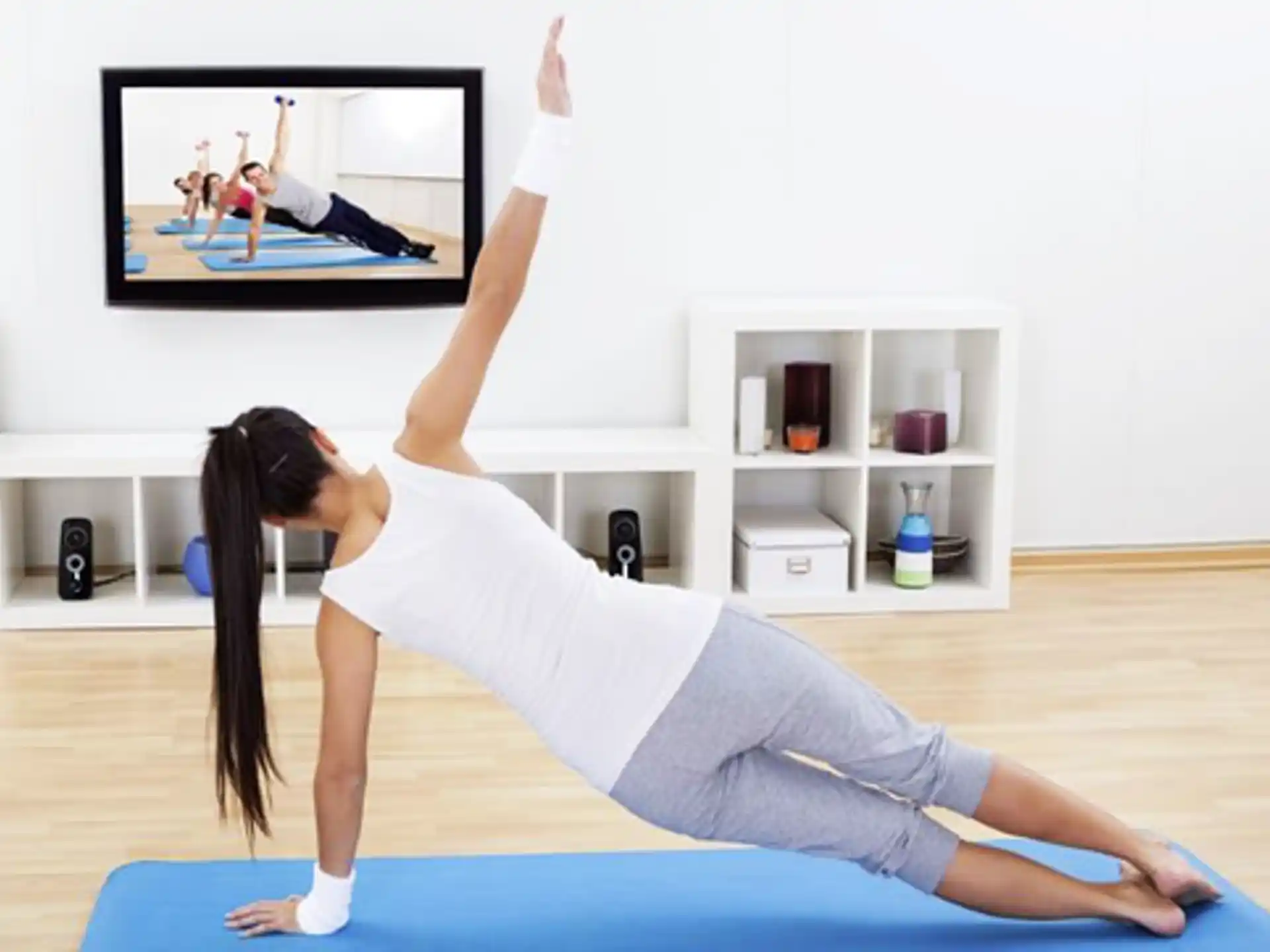 a couple of women exercising