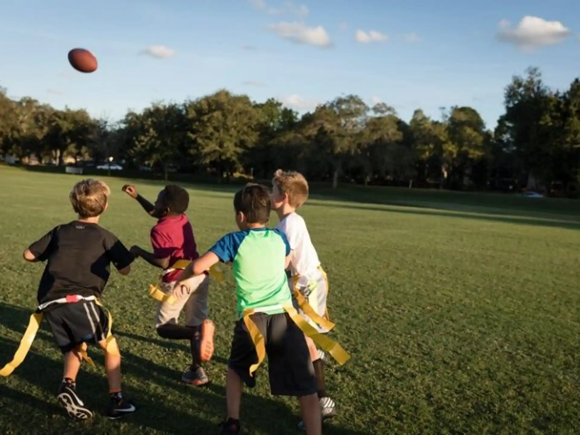 a group of kids playing with a ball in a field