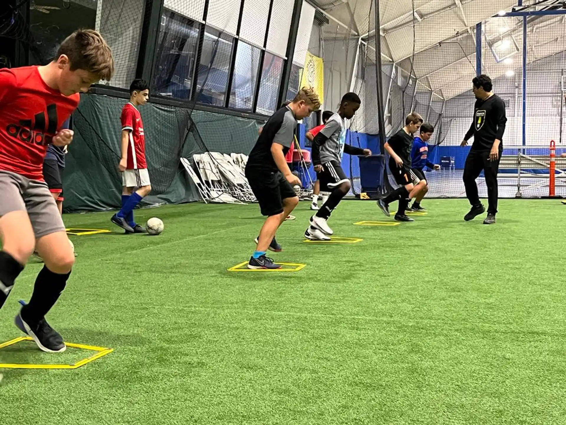 a group of people play football