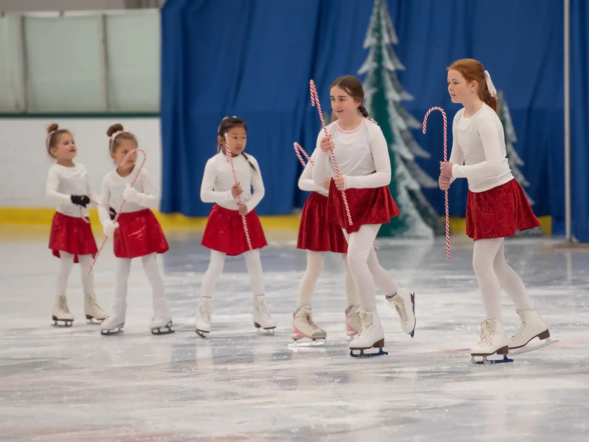 a group of girls wearing ice skates and holding sticks