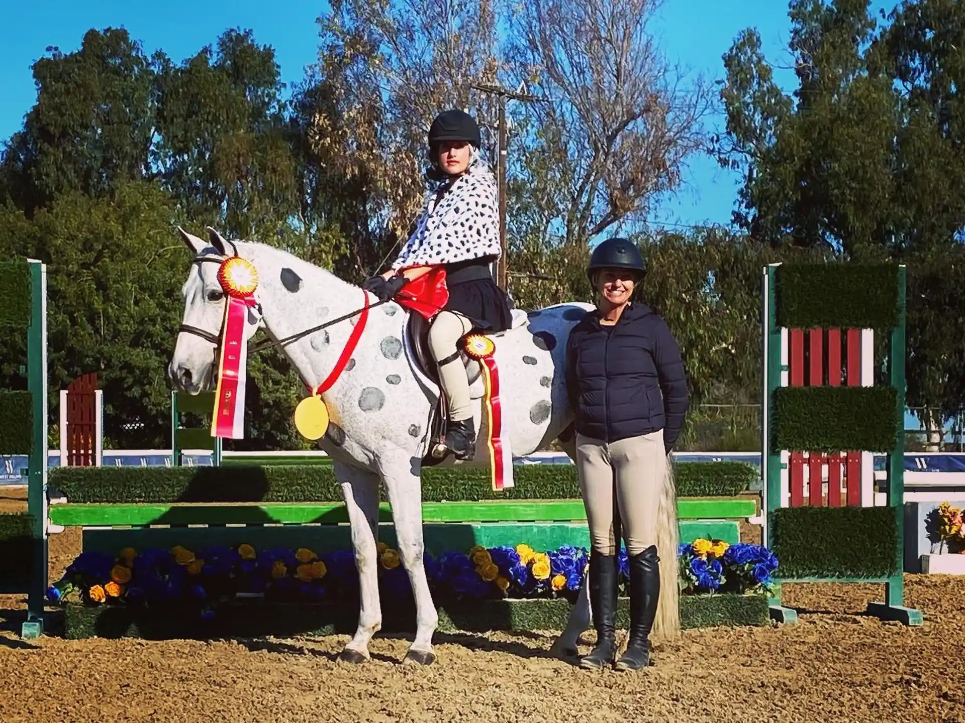 a person standing next to a girl on a horse