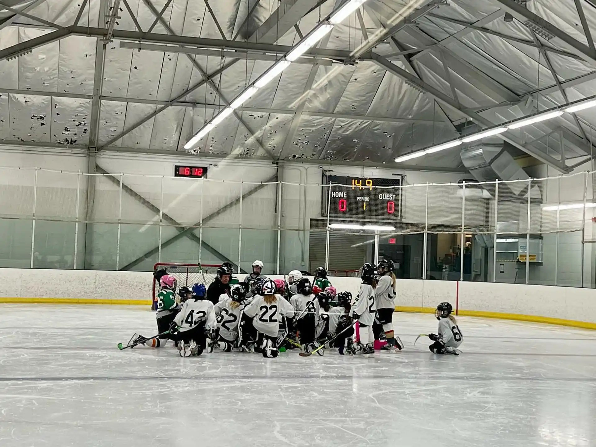 a group of people in a hockey rink