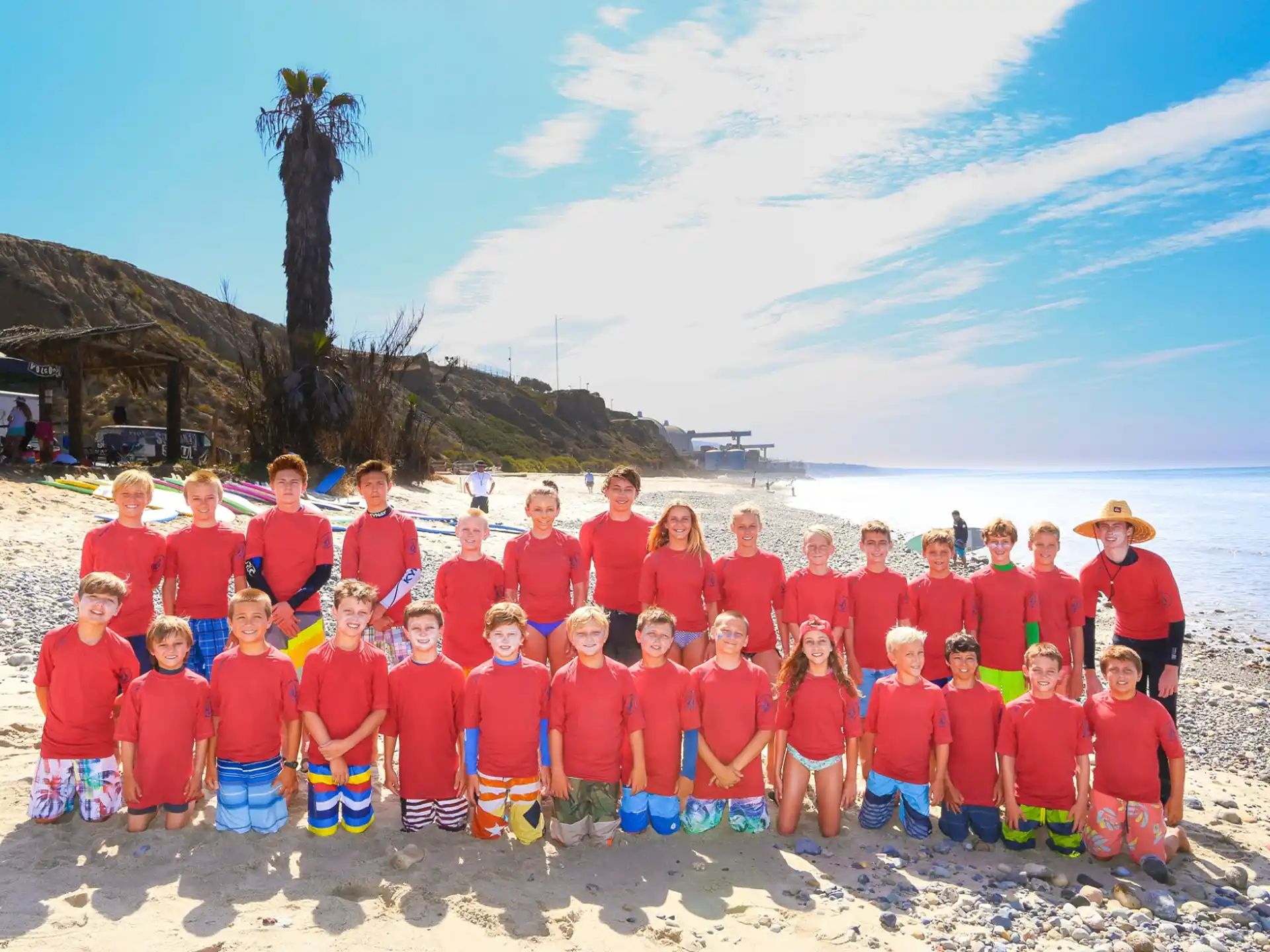 a group of people posing for a photo on a beach